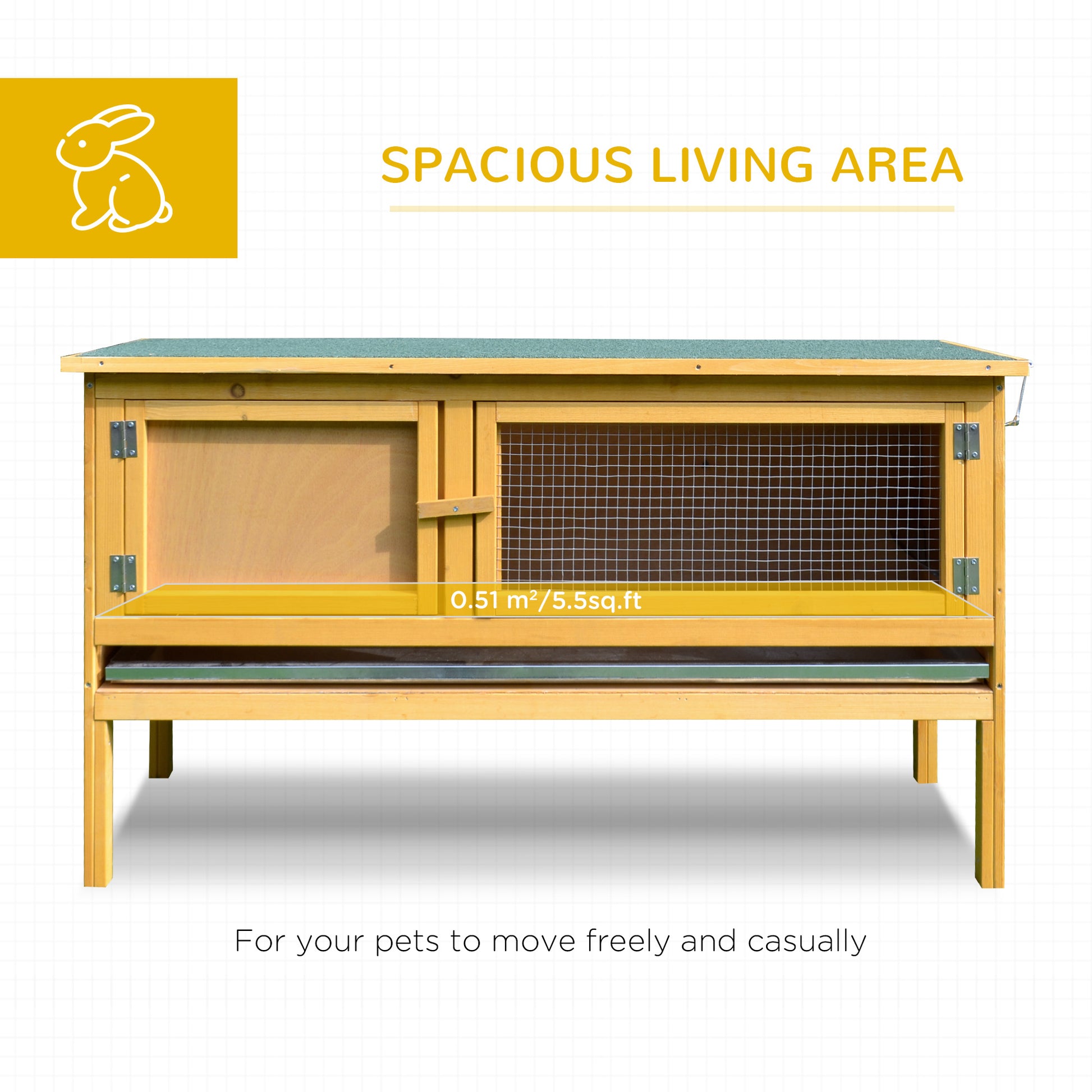 Wooden rabbit hutch with green roof and mesh window offering a spacious living area