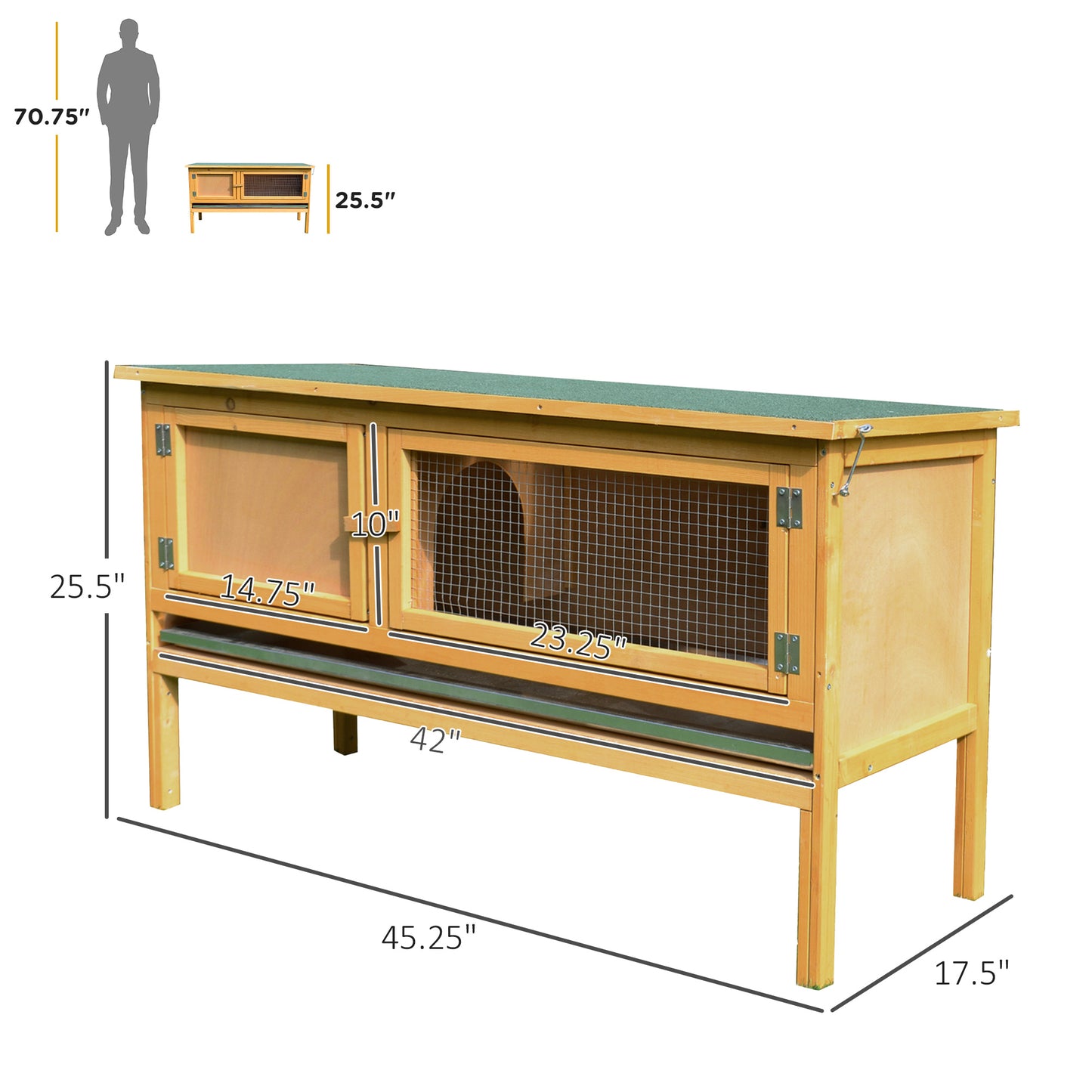 Wooden rabbit hutch with two compartments and wire mesh front  L