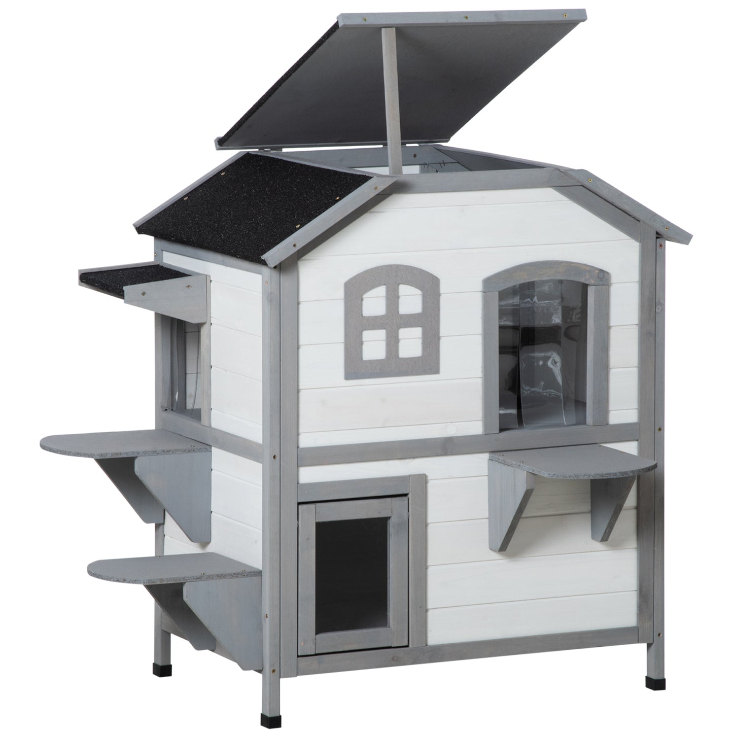 White and gray multilevel wooden cat house with outdoor platforms and roof