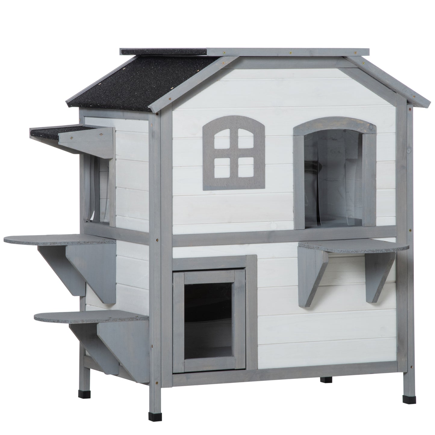 Twostory white wooden cat house with grey trim and multiple platforms