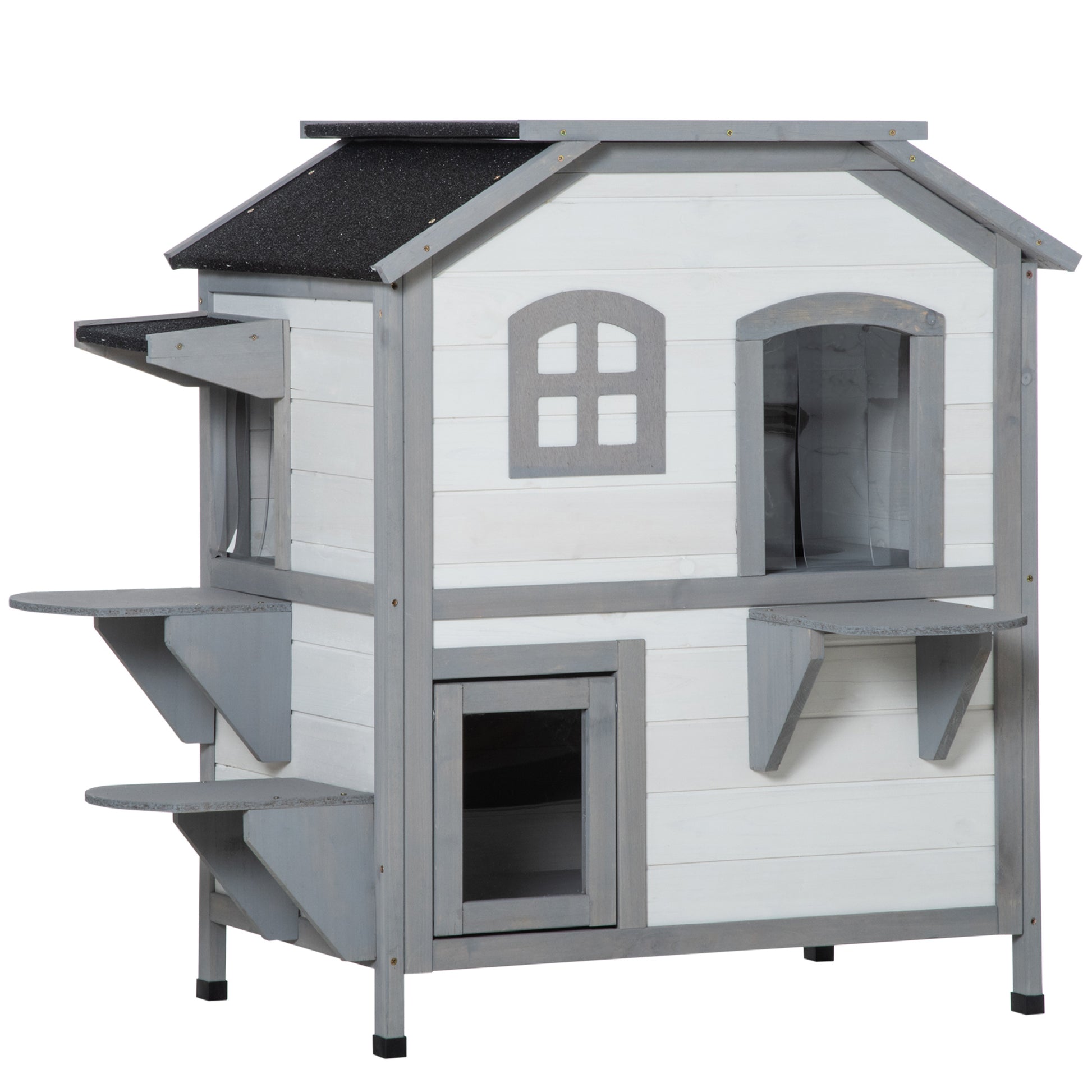 Twostory white wooden cat house with grey trim and multiple platforms