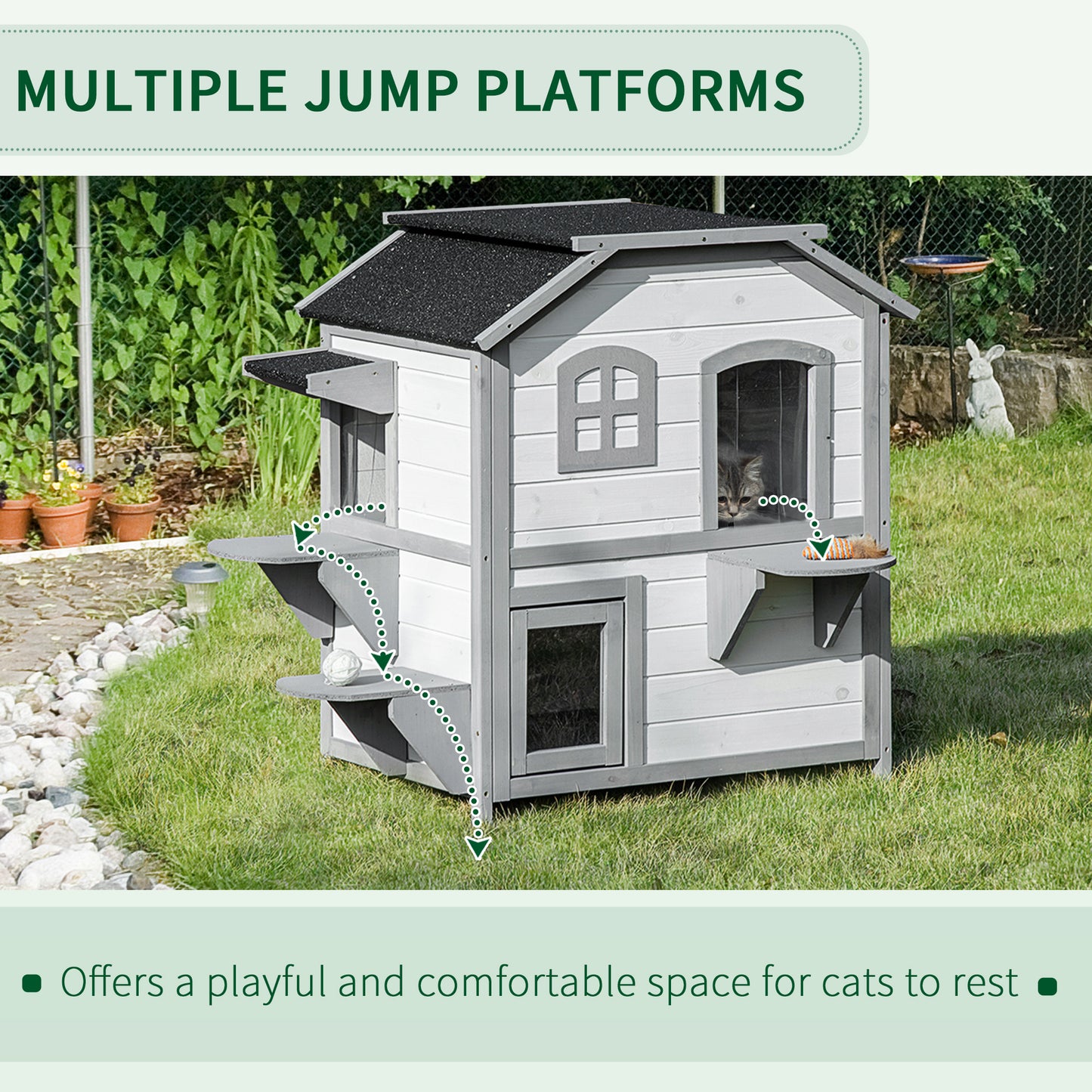 Twostory grey and white wooden cat house with multiple jump platforms