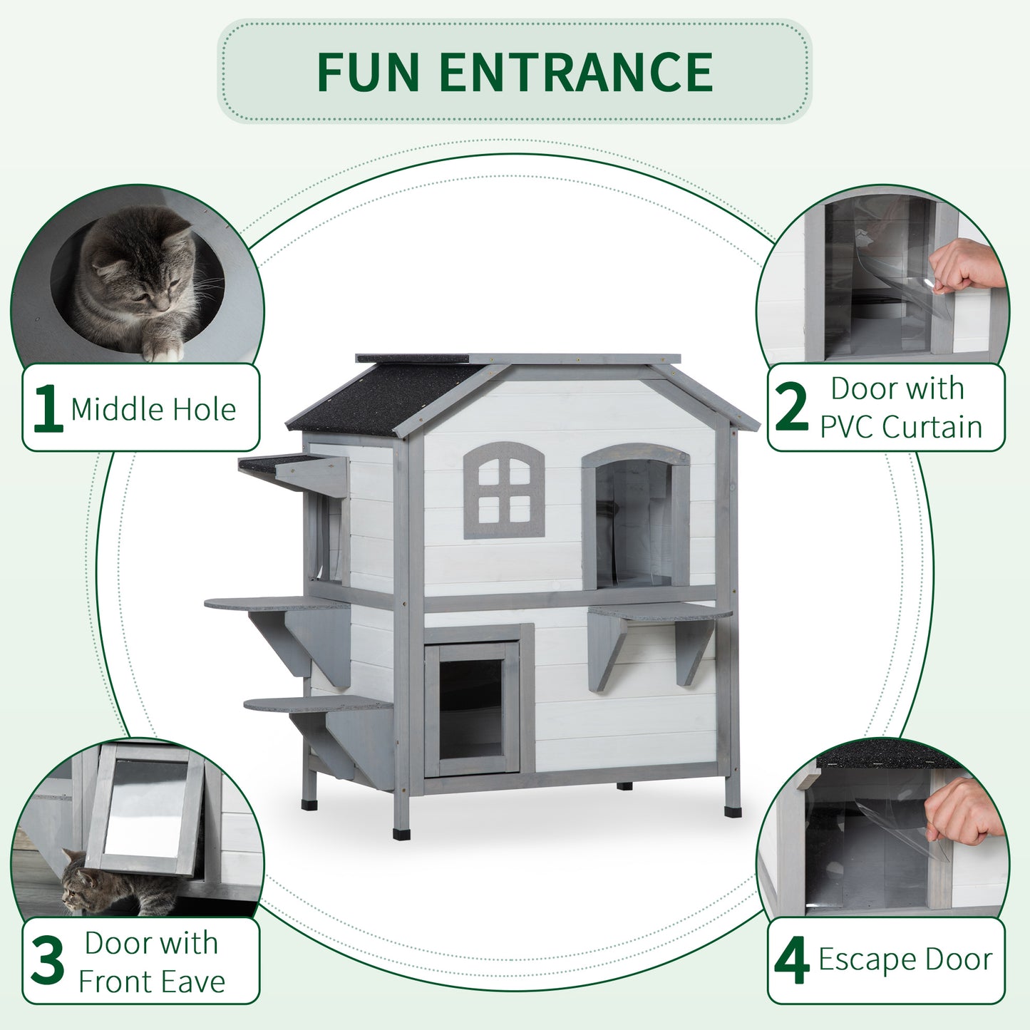 White and grey multilevel outdoor cat house with enclosed sleeping areas and scratching posts