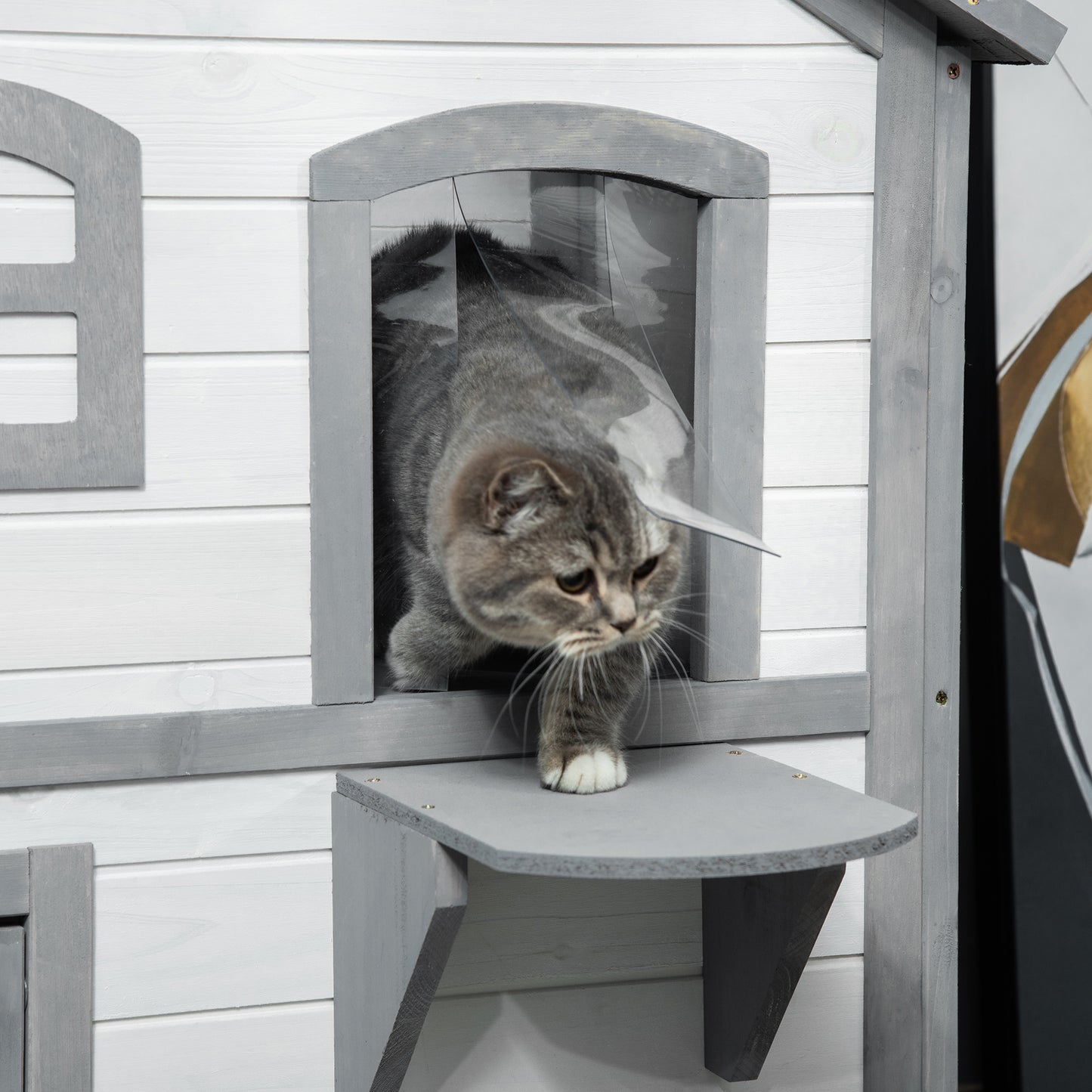 Gray wooden cat tree with a striped cat exiting a clear plastic flap entrance