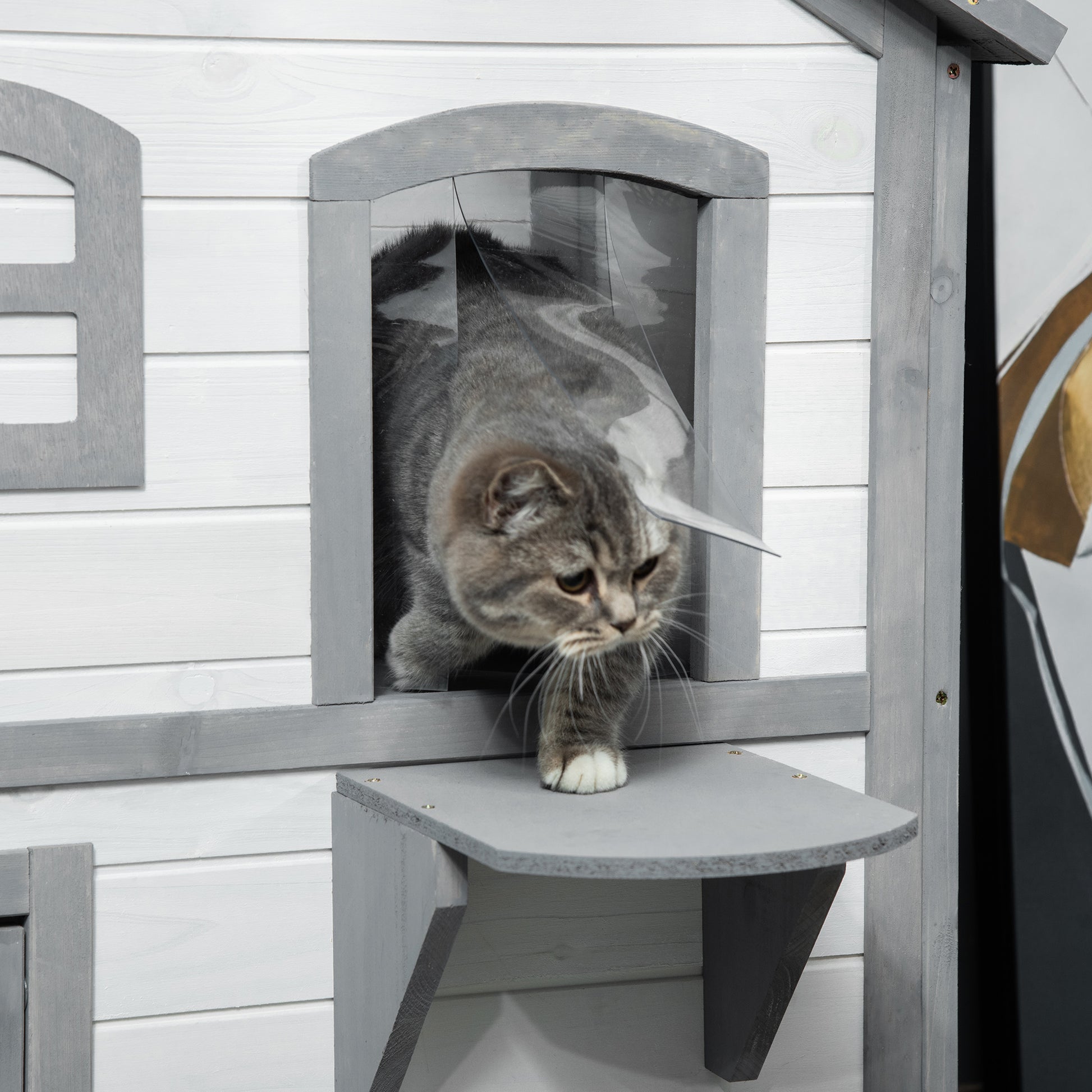 Gray wooden cat tree with a striped cat exiting a clear plastic flap entrance