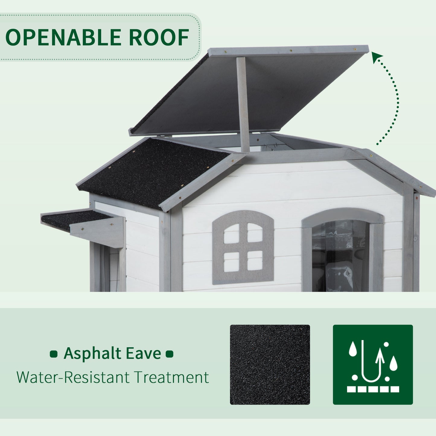 White and gray wooden playhouse with an openable asphalt shingle roof