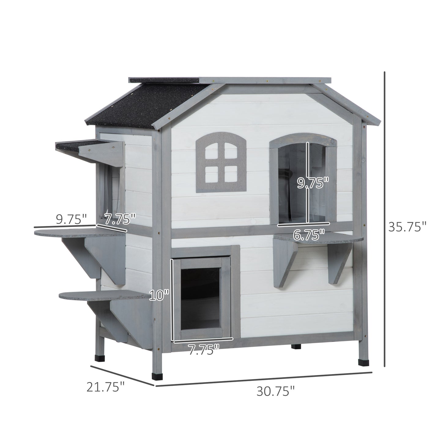 White and gray multilevel wooden cat tree house with perches and windows