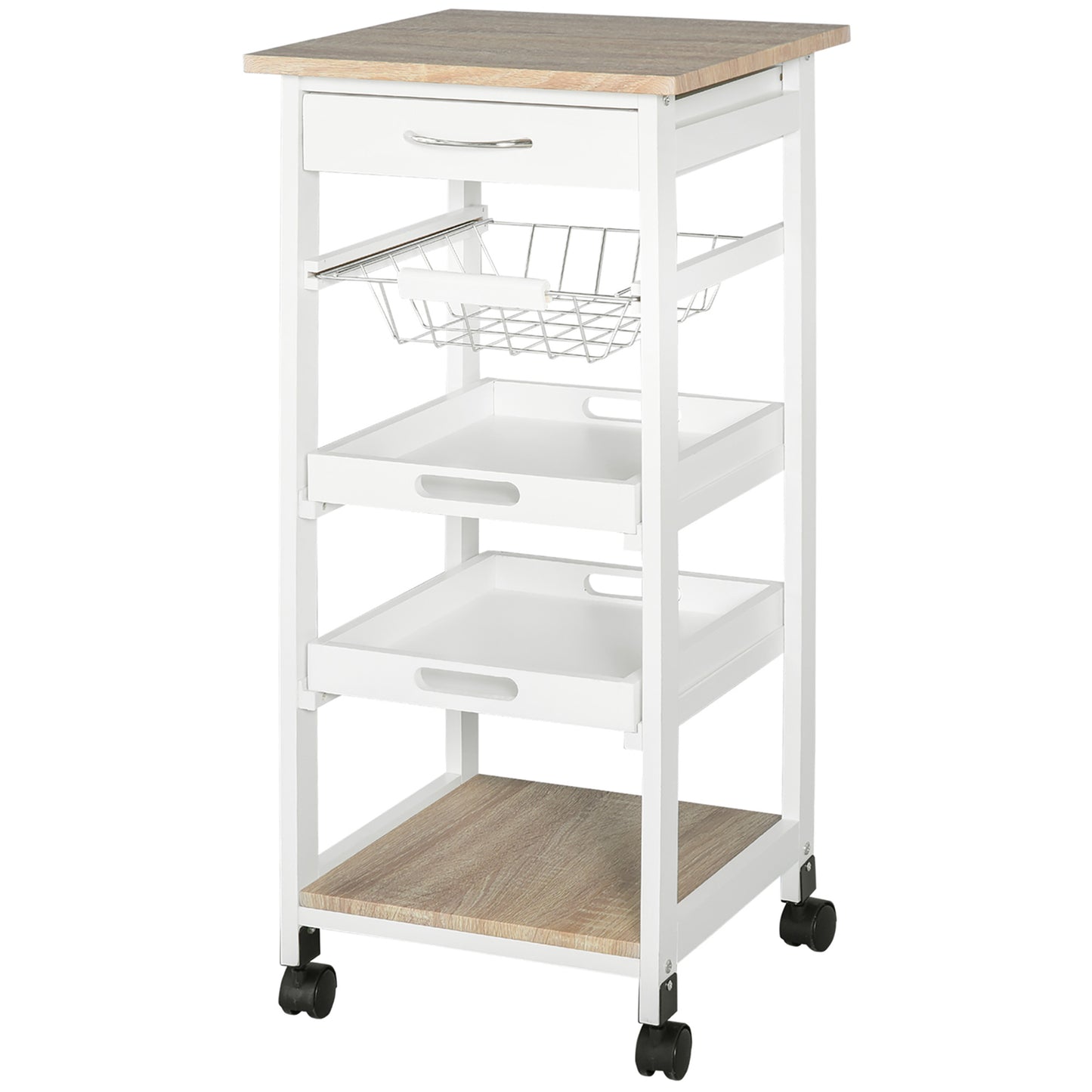 White kitchen cart with woodeffect top drawer wire basket and two white trays on wheels
