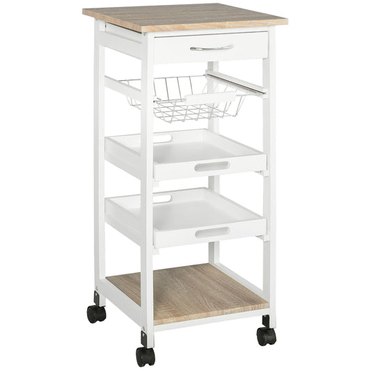 White kitchen cart with wood top and shelves featuring one drawer and a wire basket