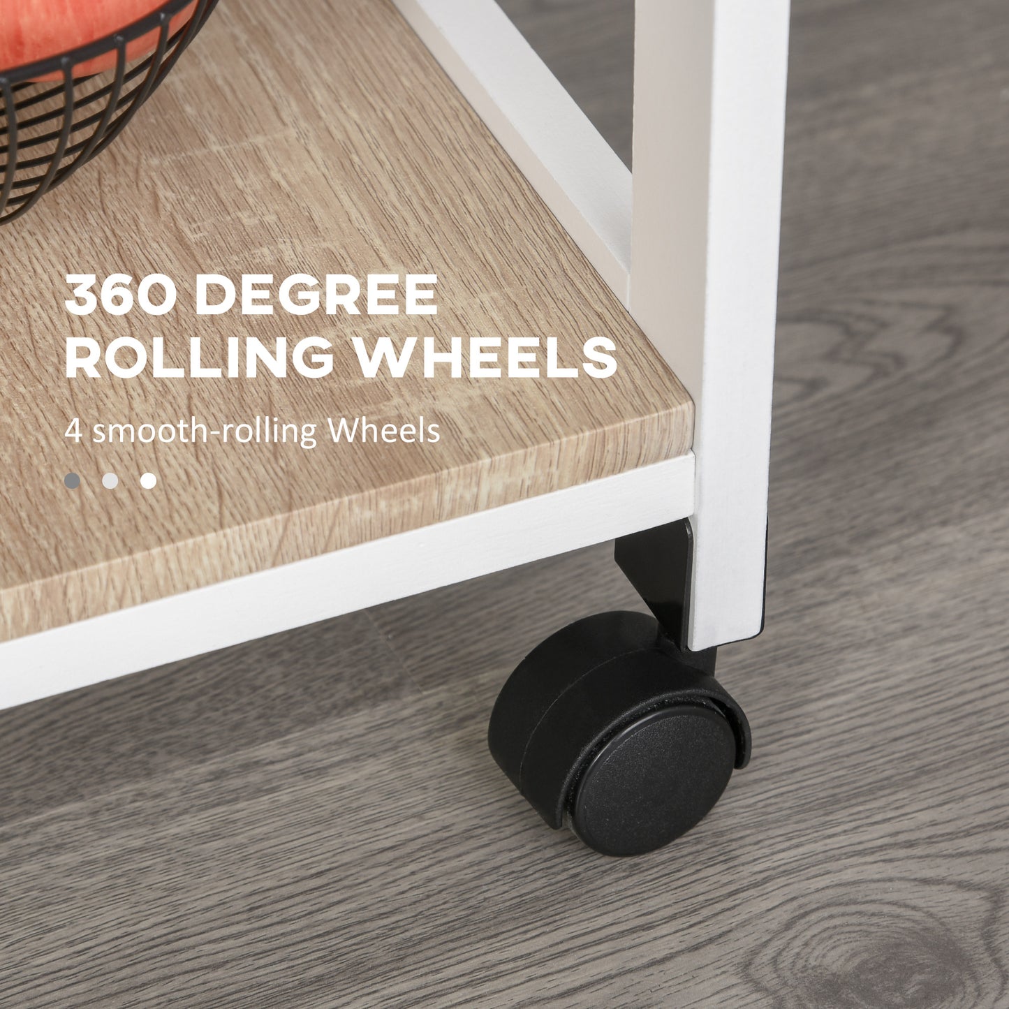 White rolling cart with a woodgrain shelf and  degree black caster wheels