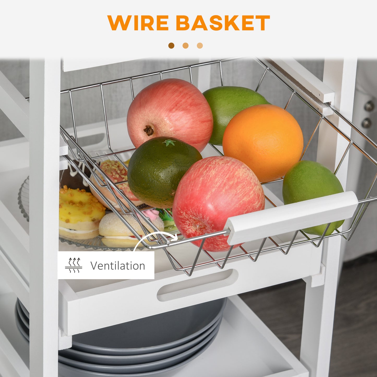 White wire basket filled with apples oranges and green citrus fruit