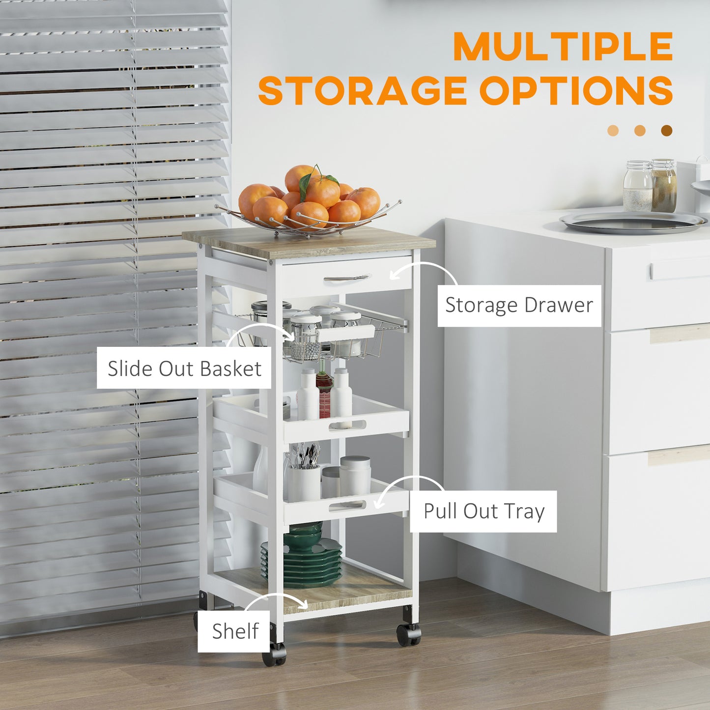 White kitchen cart with slide out basket and storage drawer for organizing