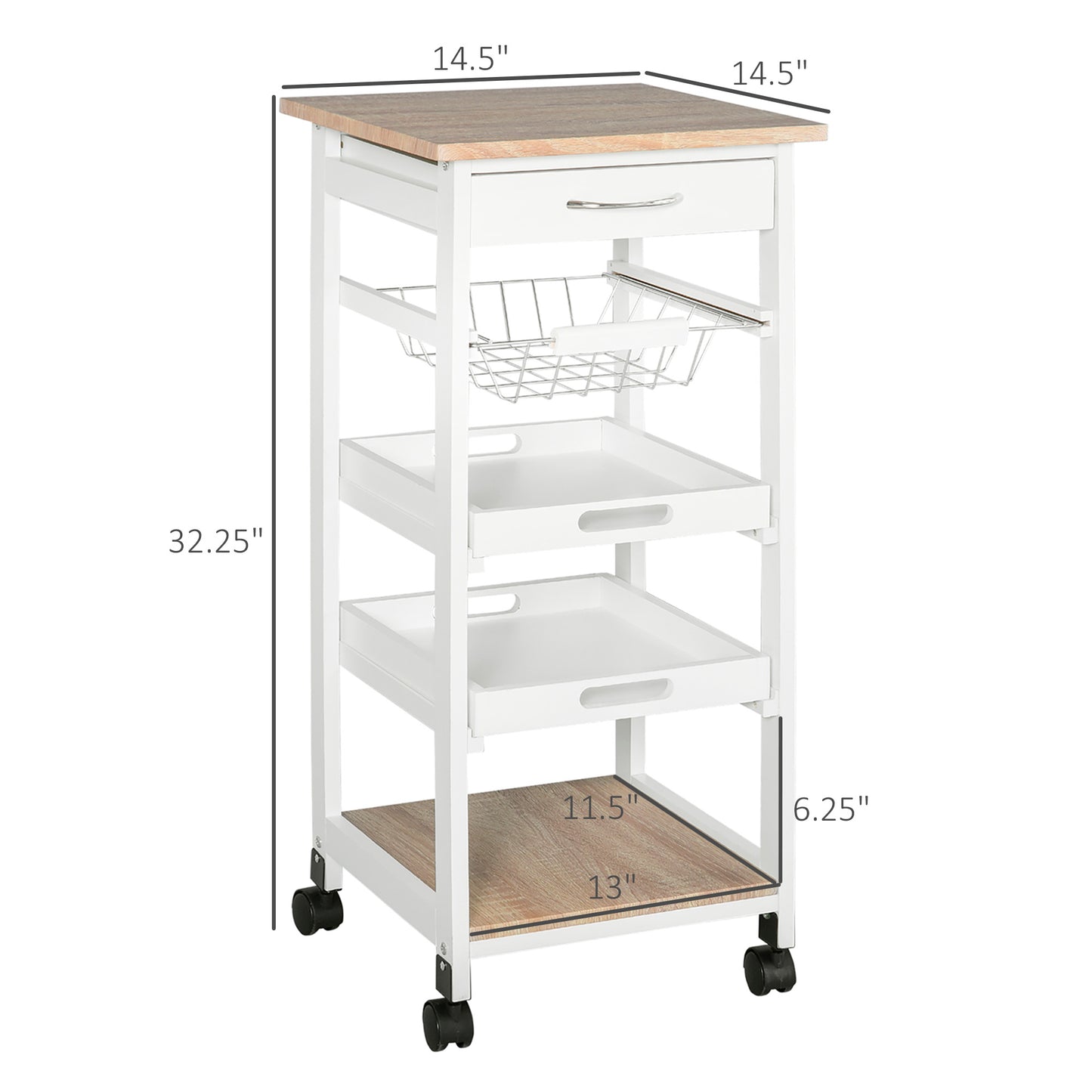 White metal kitchen cart with wood top drawer wire basket and two trays