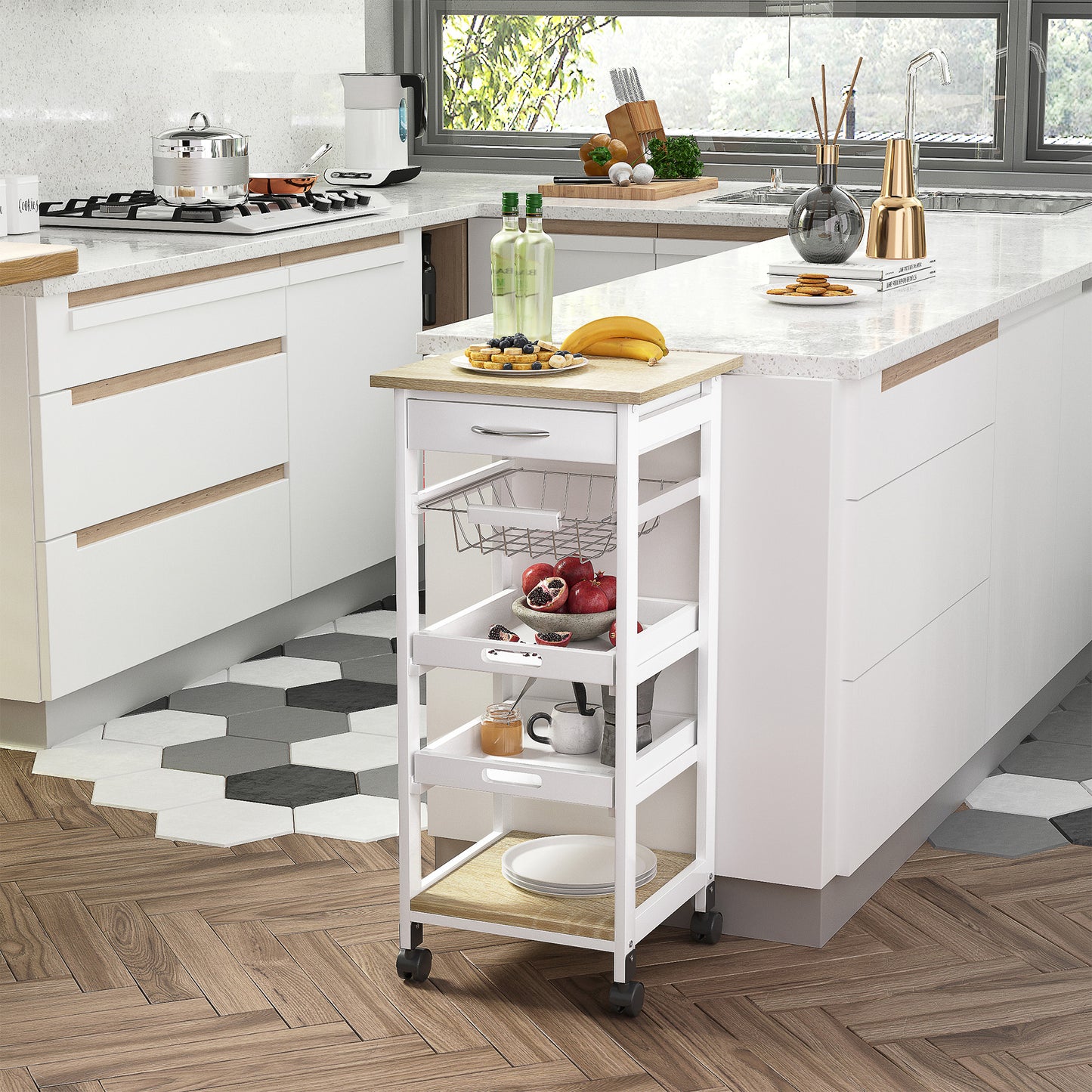 White kitchen cart with wood top drawers and storage baskets