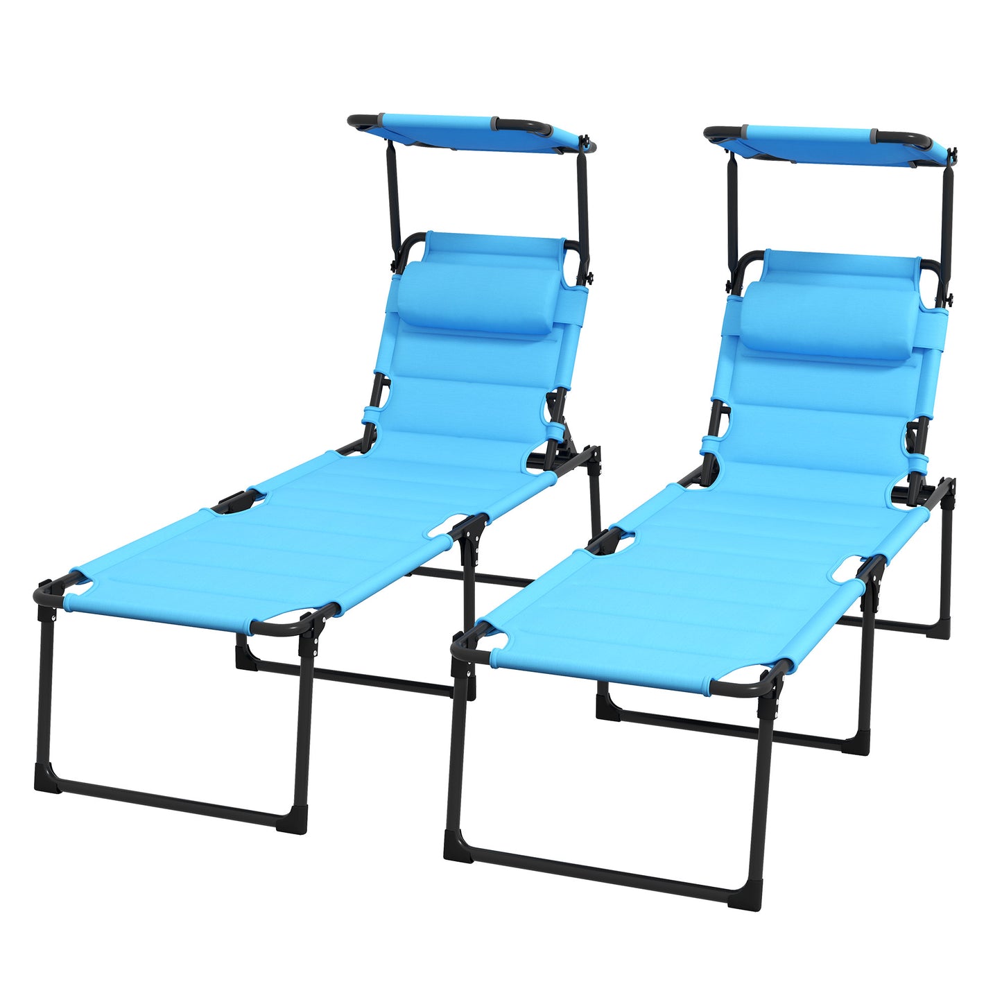 Two blue adjustable lounge chairs with detachable sunshades perfect for patio relaxation
