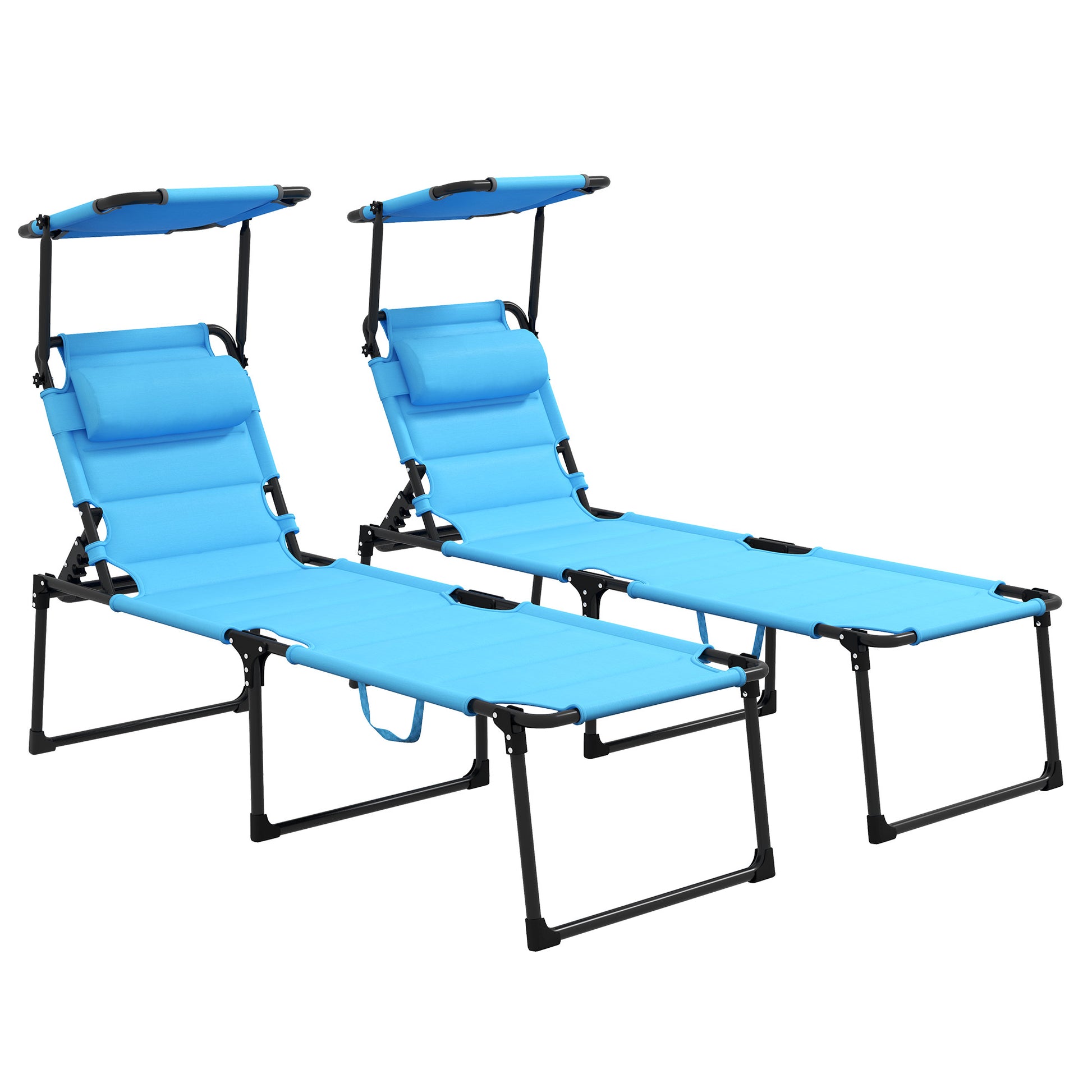 Two blue adjustable lounge chairs with detachable sunshades for outdoor relaxation