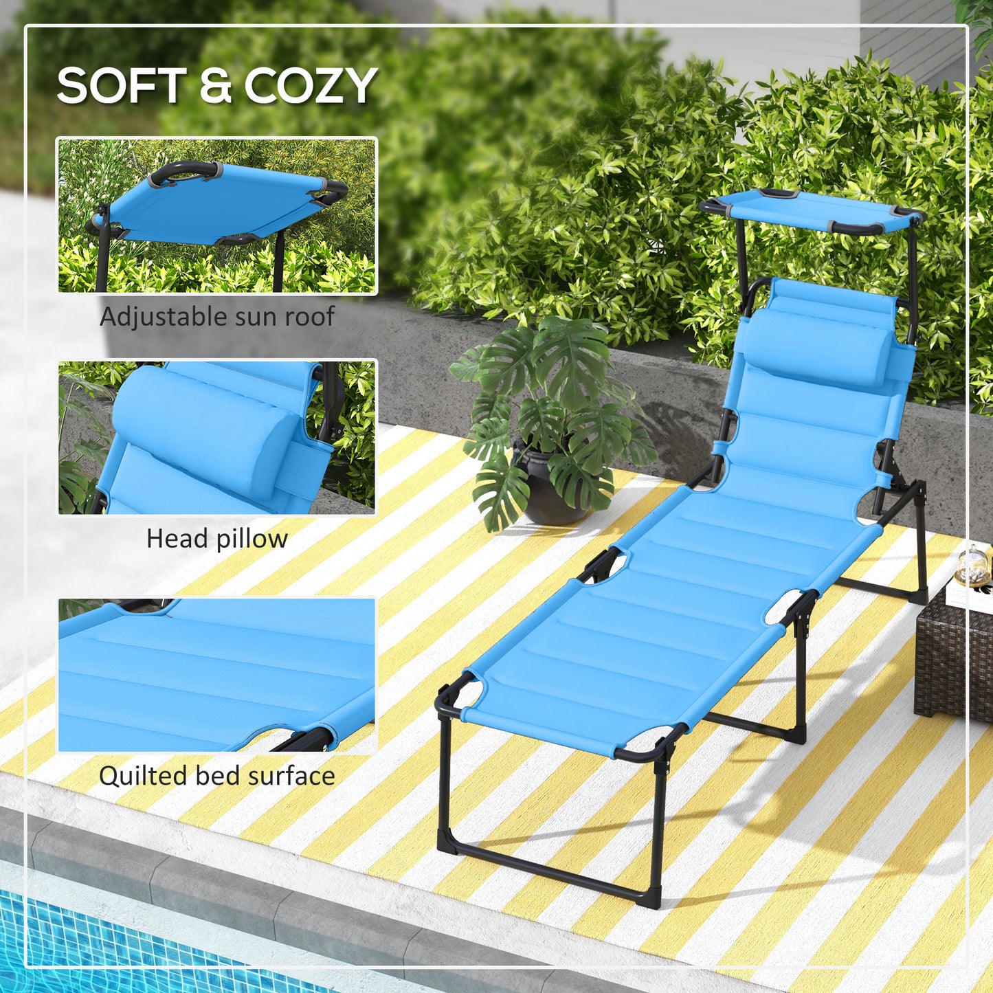 Blue quilted fabric lounge chair with adjustable sun canopy and head pillow for patio relaxation