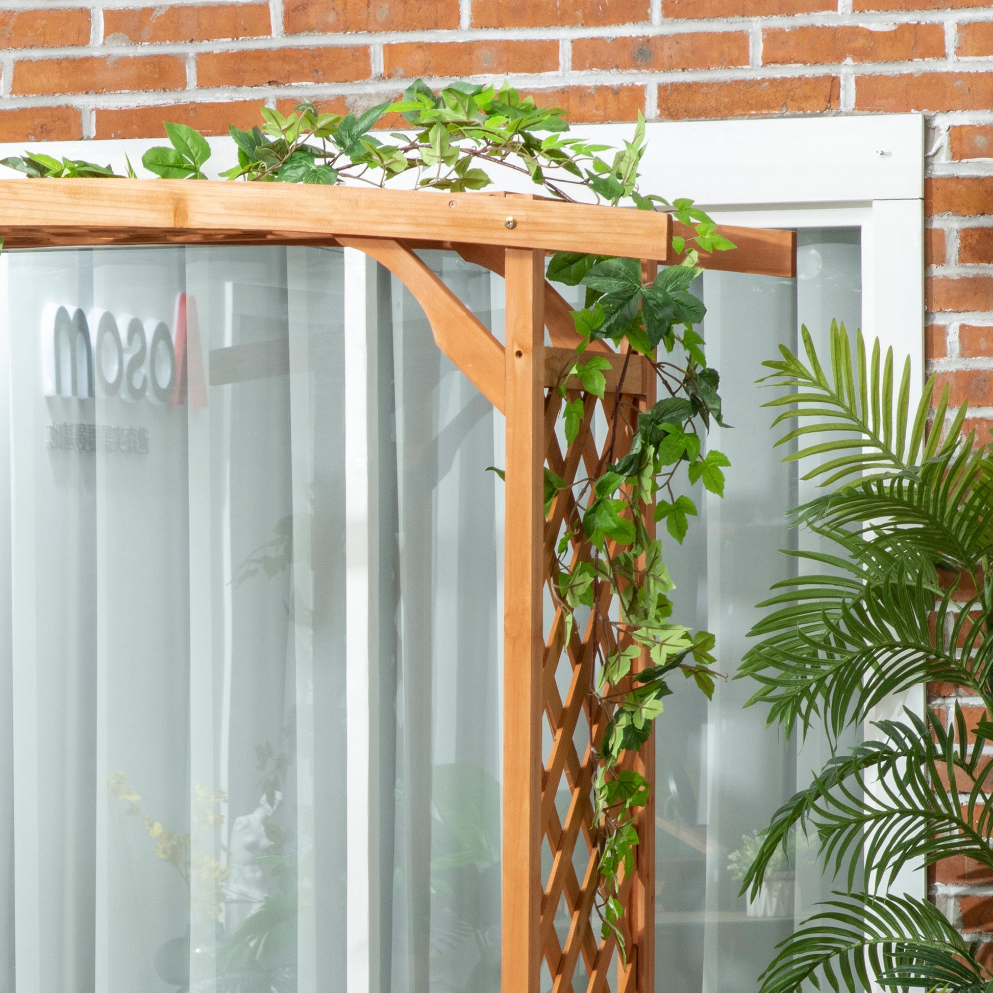 Wooden garden trellis with lattice detail and climbing ivy perfect for outdoor decor