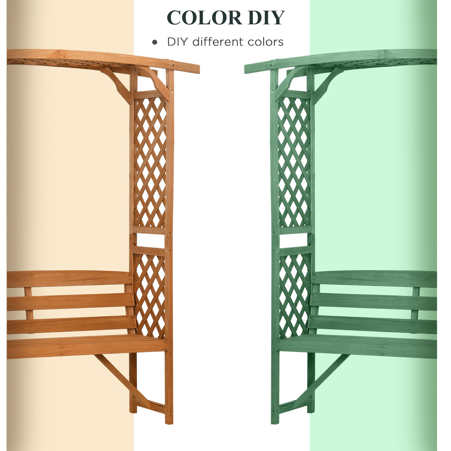 Wooden garden arbor bench in natural wood finish featuring diamond lattice sides and a slatted seat