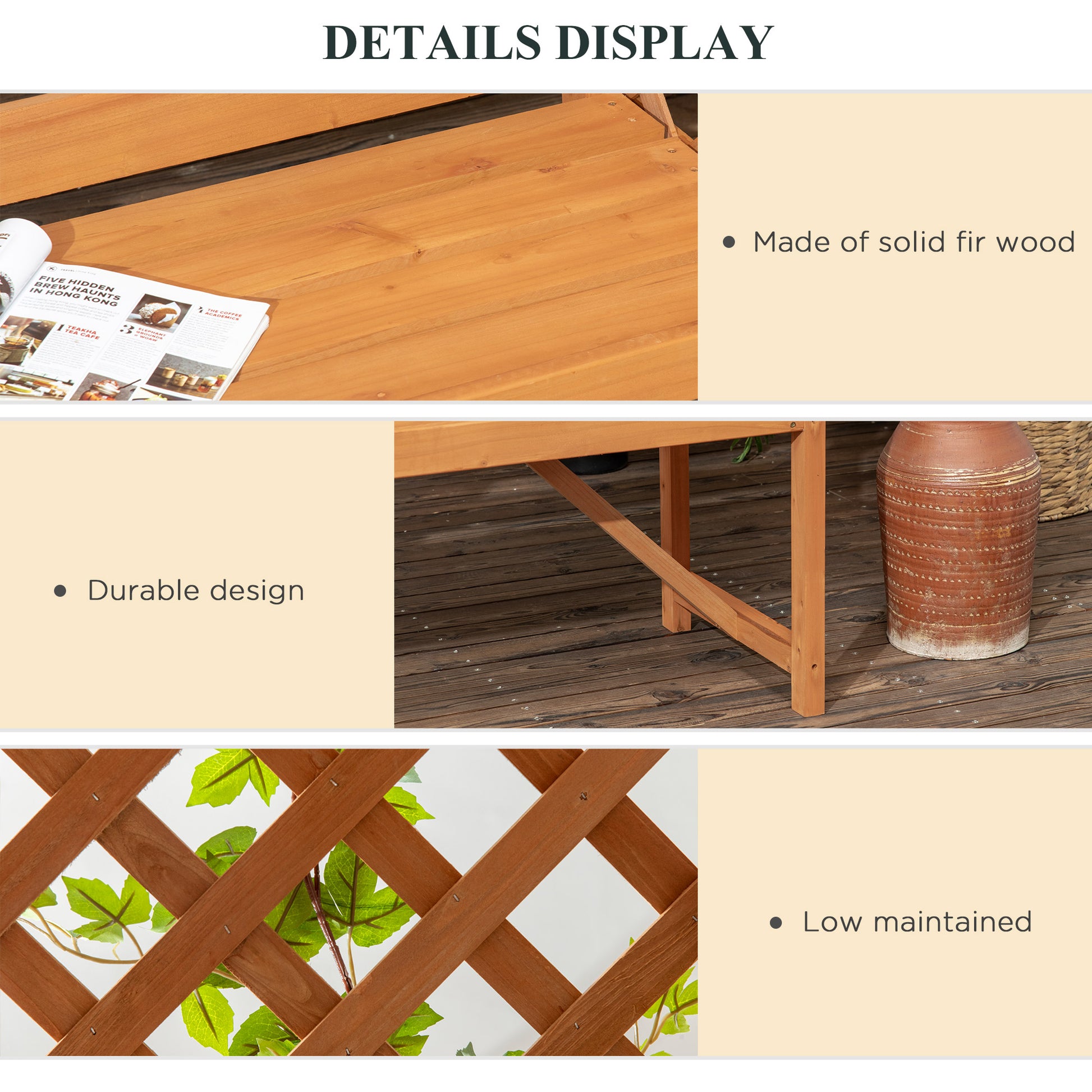 Wooden bench surface made of solid fir wood with natural grain