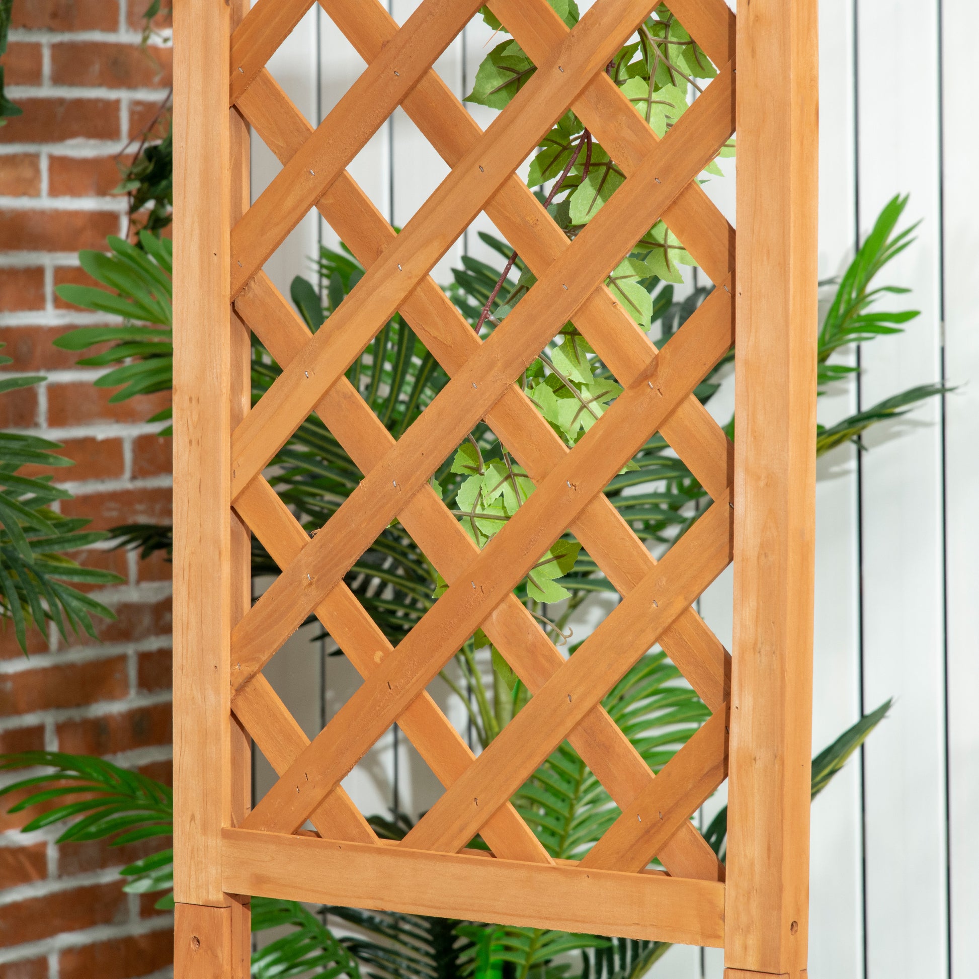 Wooden garden trellis with diamond pattern for climbing plants