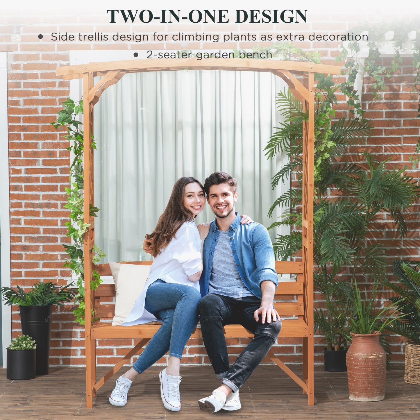 Wooden twoseater garden bench with arched trellis perfect for outdoor relaxation