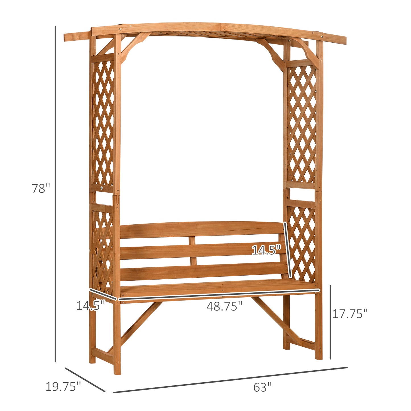 Wooden garden arbor bench with lattice sides and a curved back perfect for outdoor relaxation