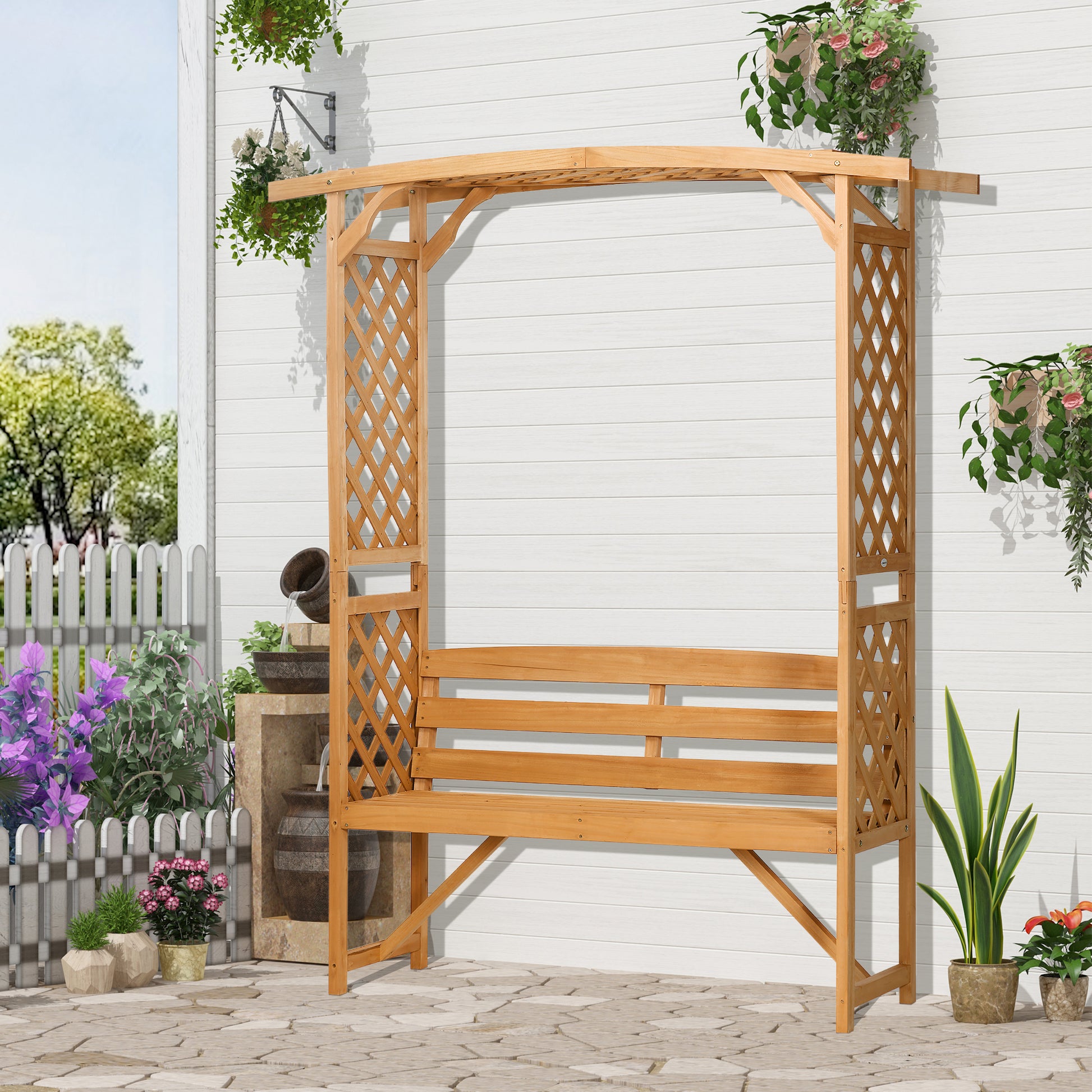 Wooden garden arch with bench featuring lattice panels and a natural finish