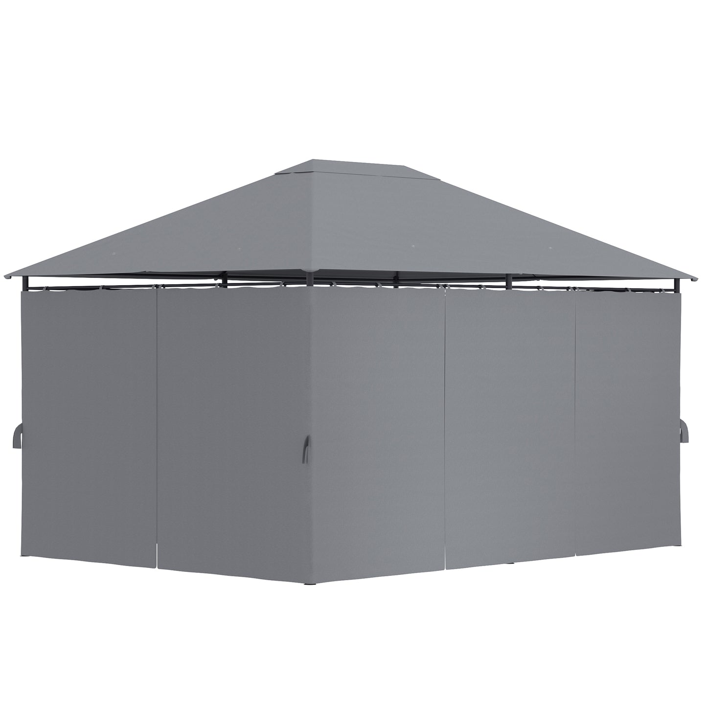 Gray outdoor gazebo with privacy curtains
