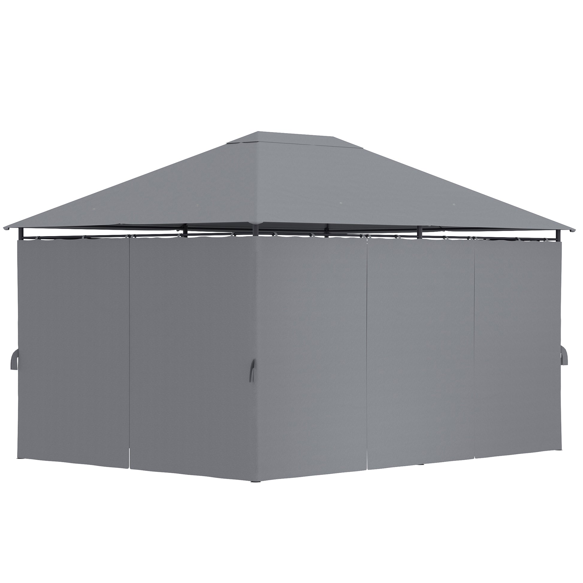 Gray outdoor gazebo with privacy curtains