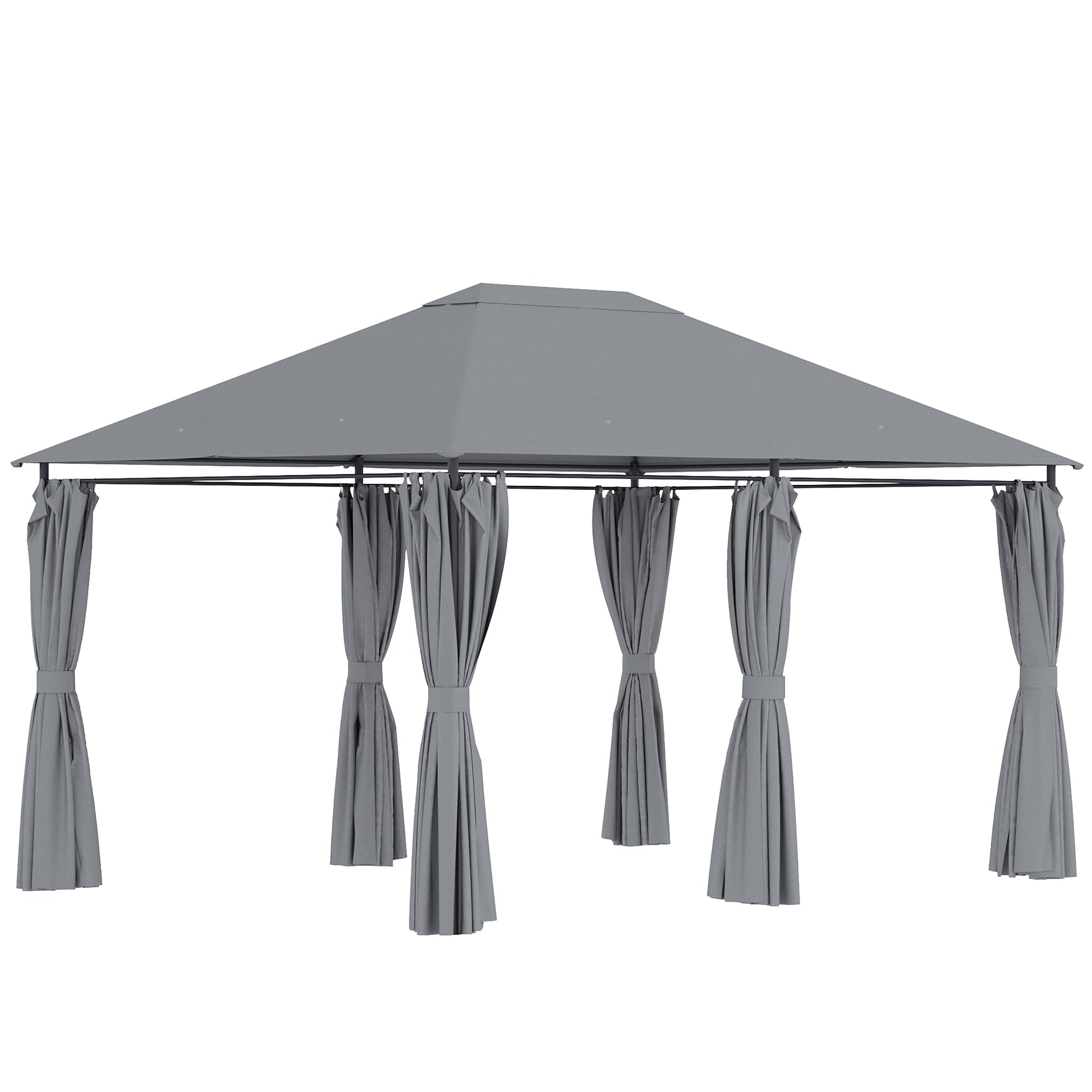 Gray outdoor gazebo with draped curtains for backyard relaxation
