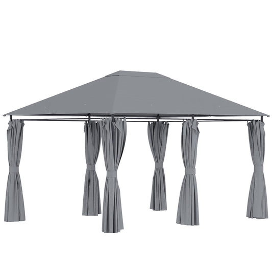 Gray outdoor gazebo with draped curtains for backyard relaxation