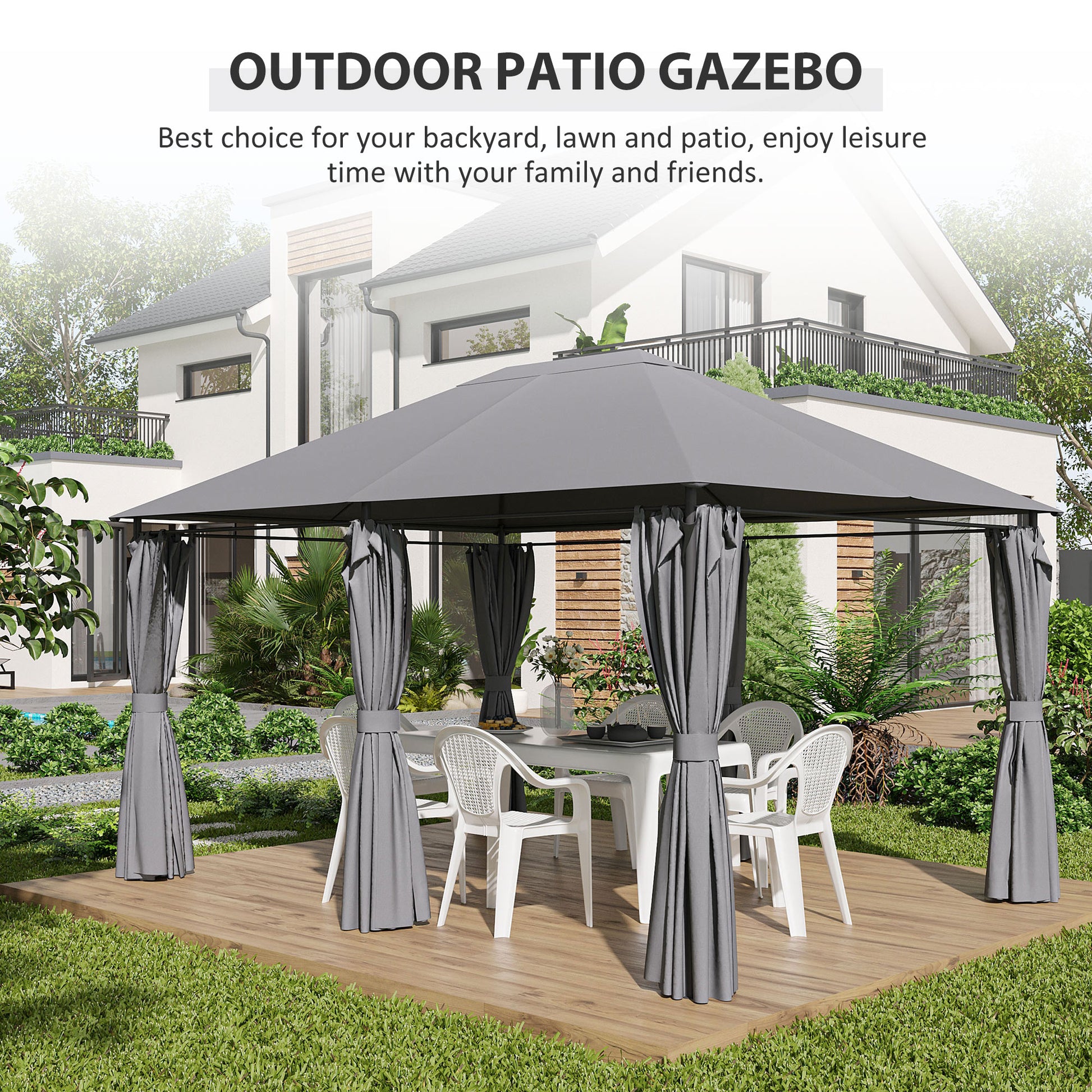 Gray outdoor patio gazebo with white table and chairs on wooden deck