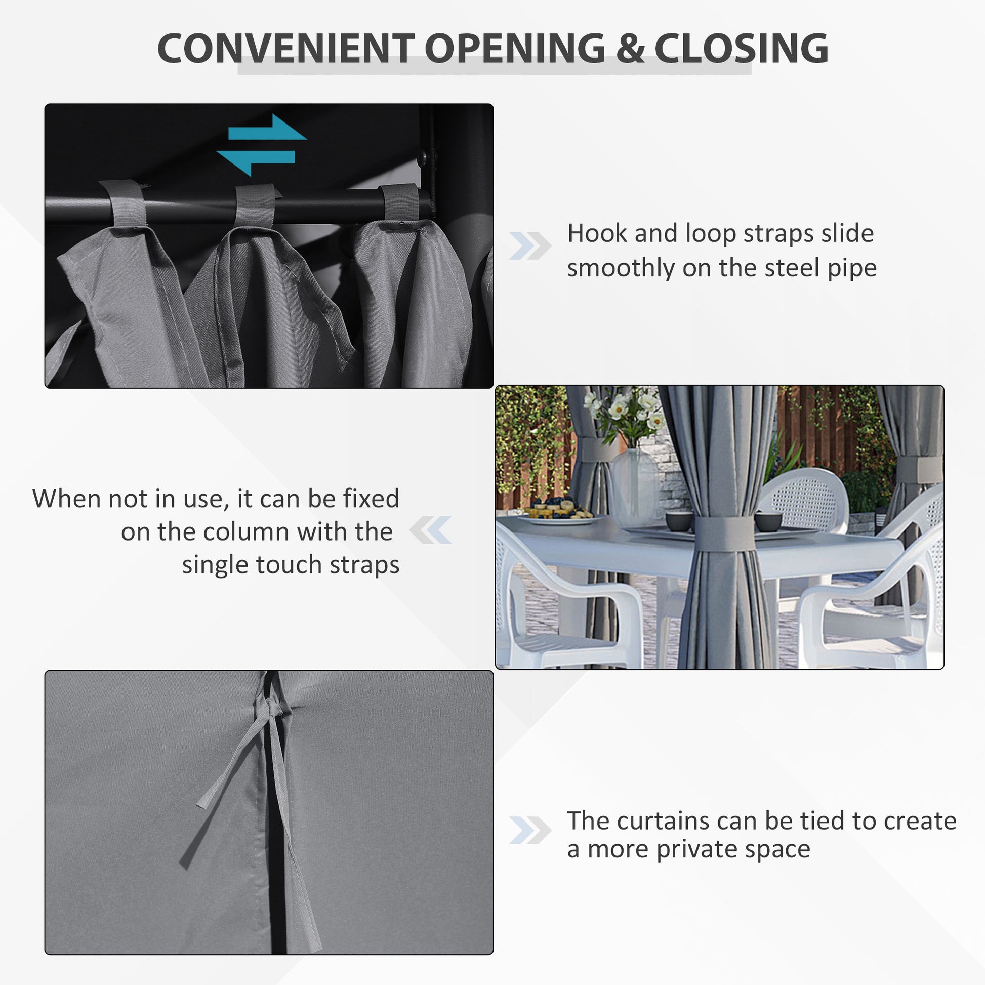 Grey gazebo curtains with hook and loop fasteners on a steel pipe