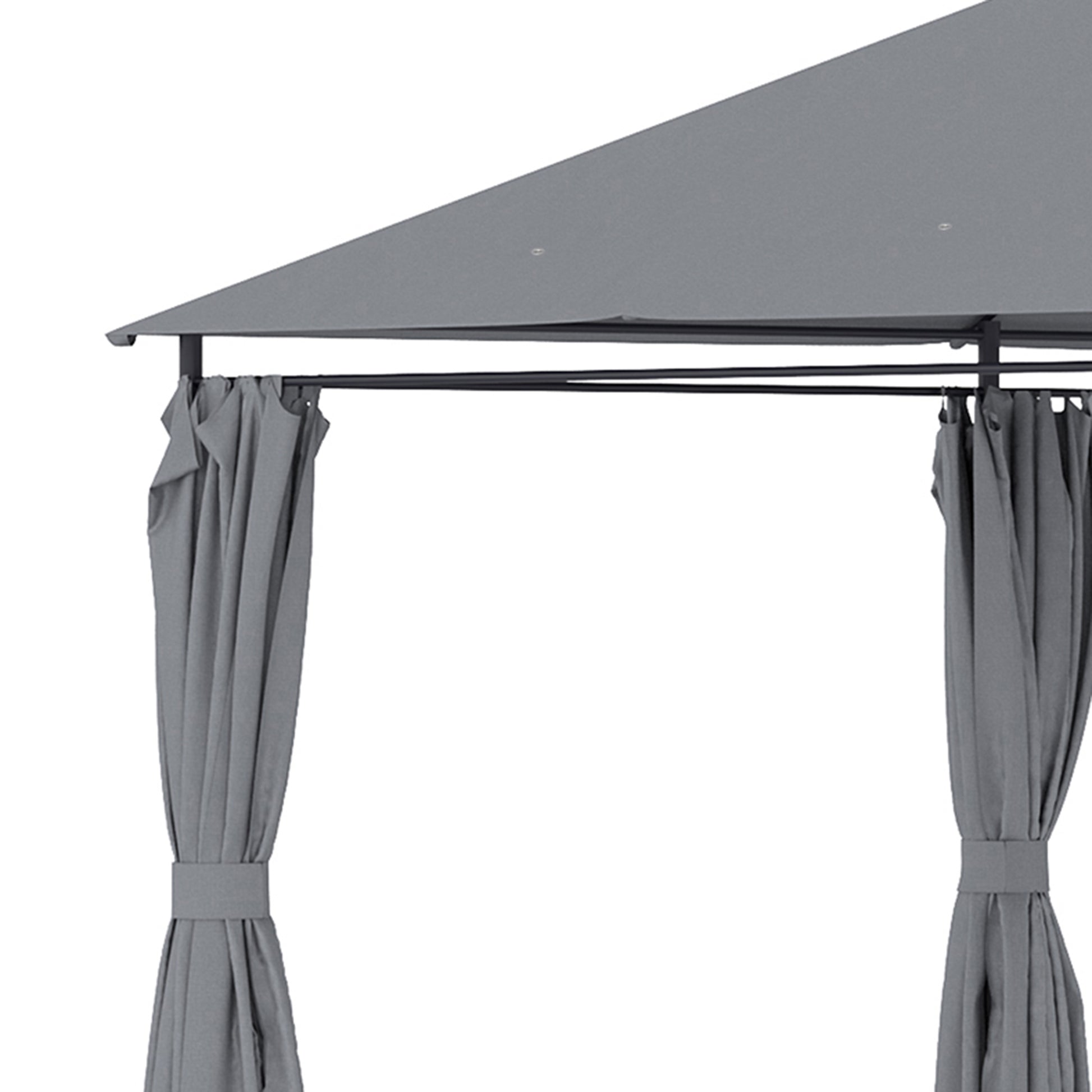 Gray gazebo roof with draped side curtains for outdoor use