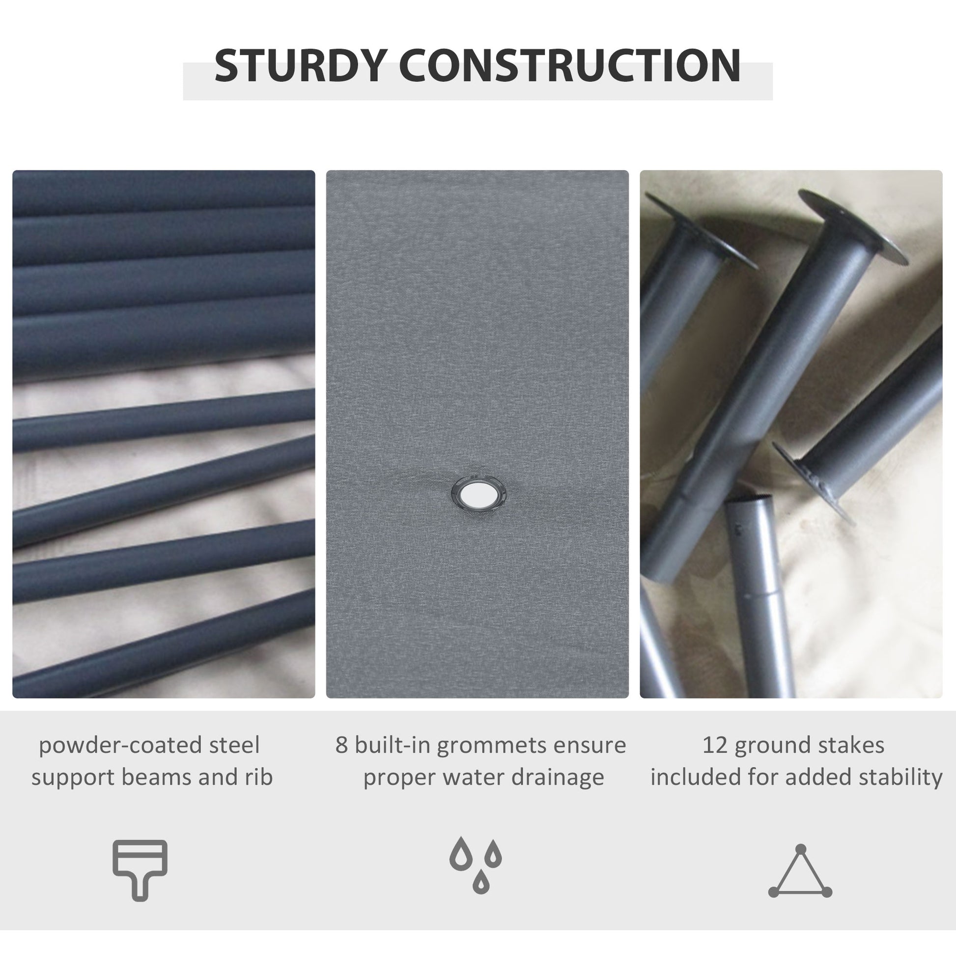 Powdercoated steel support beams and ribs for sturdy construction
