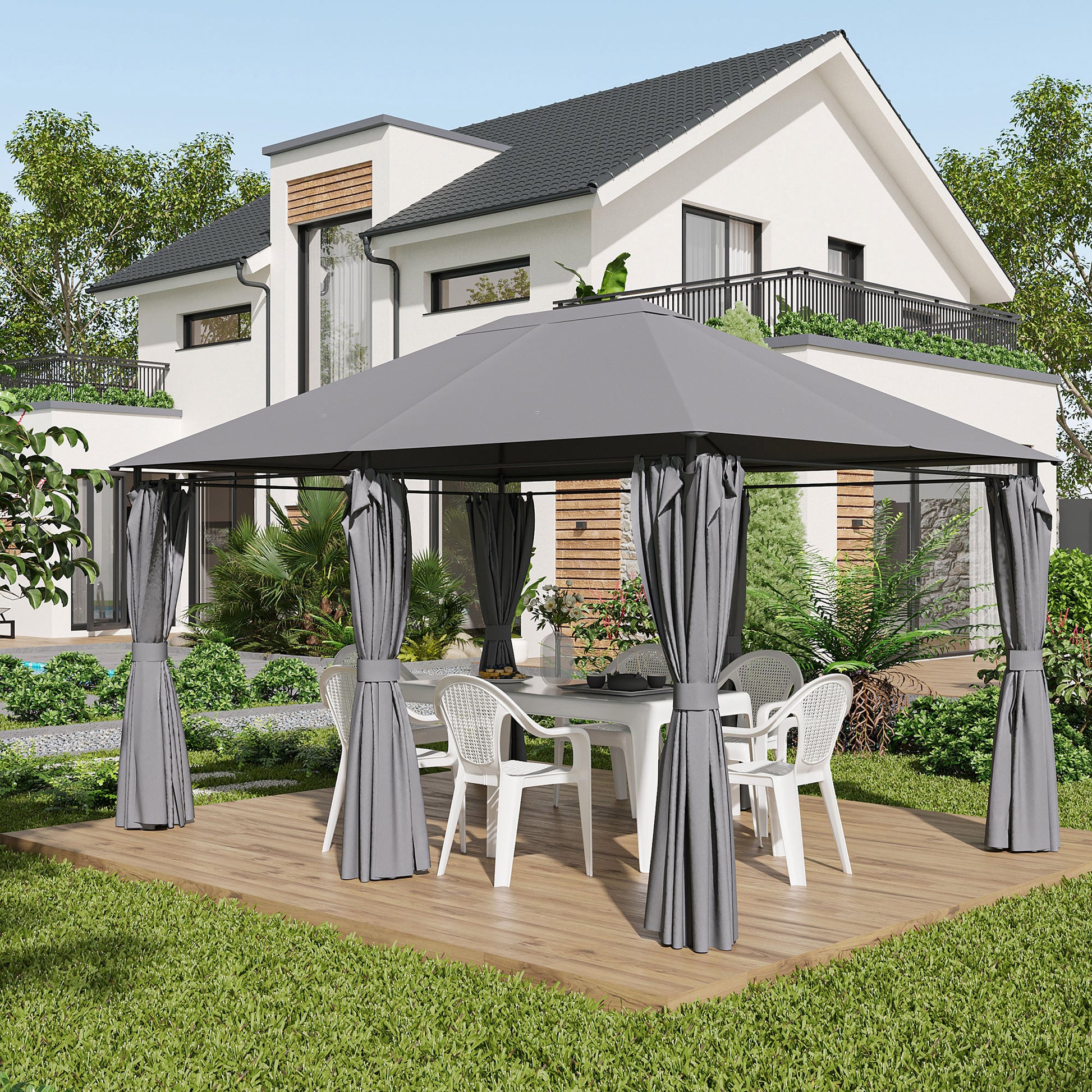 Grey outdoor gazebo with curtains white patio table and chairs set on a wooden deck
