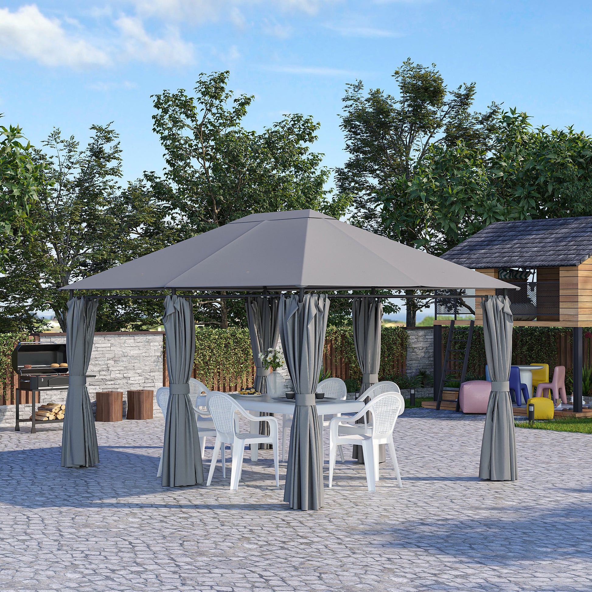 Gray outdoor patio gazebo with white dining set and curtains