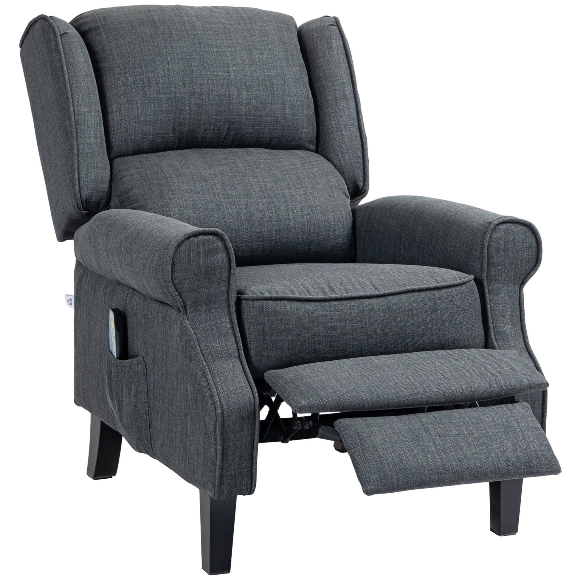 Dark gray fabric recliner chair with extended footrest and side pocket