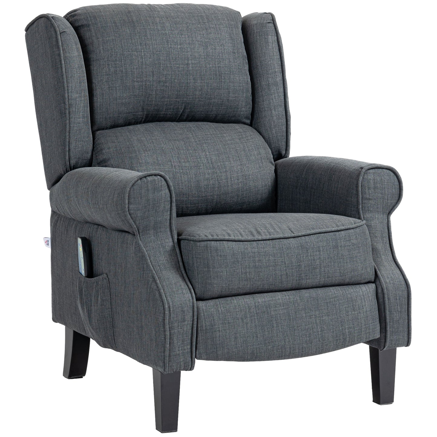 Dark grey upholstered recliner chair with side pocket for remote control
