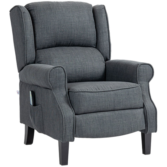 Dark grey upholstered recliner chair with side pocket for remote control
