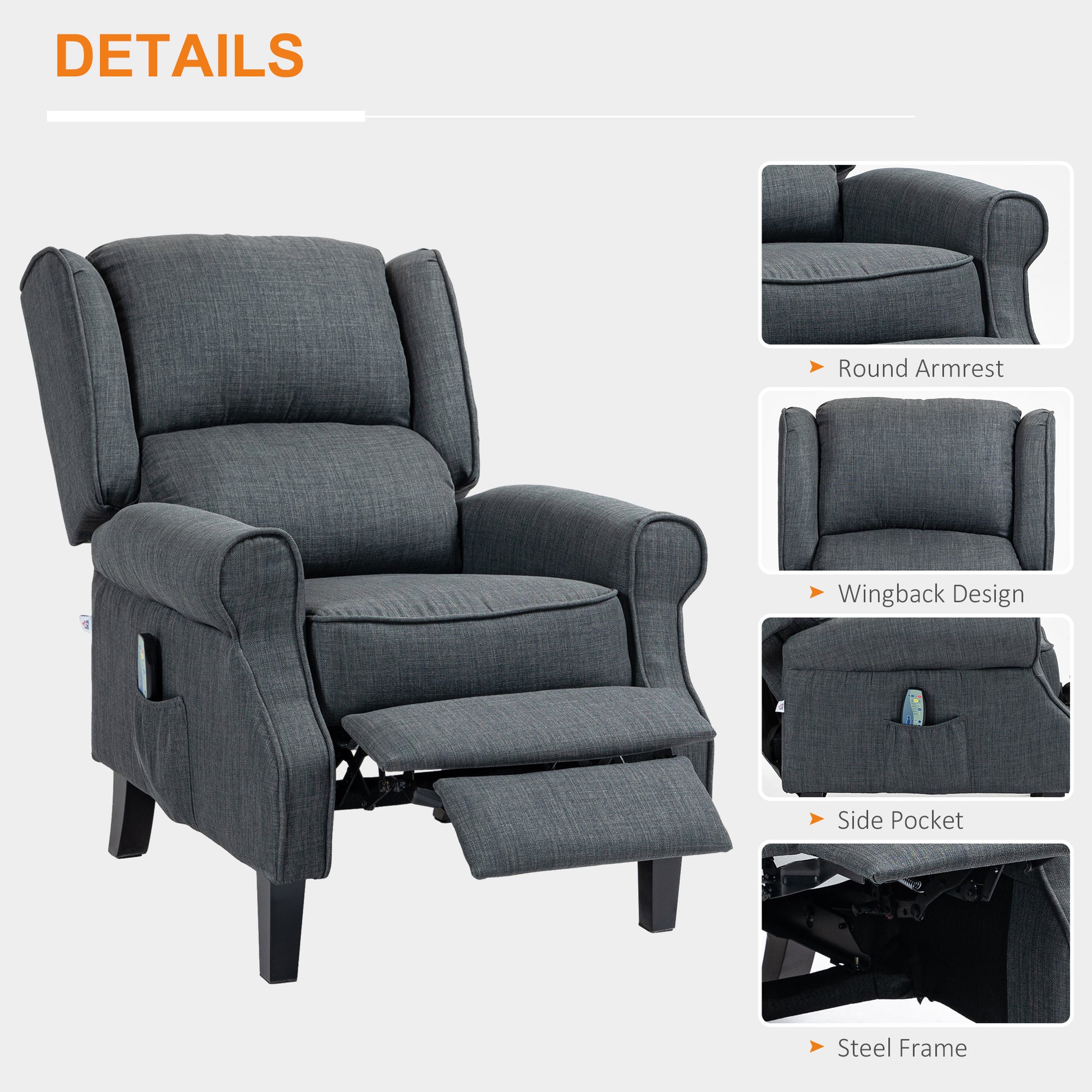 Dark gray fabric recliner chair with wingback design and side pocket for remote