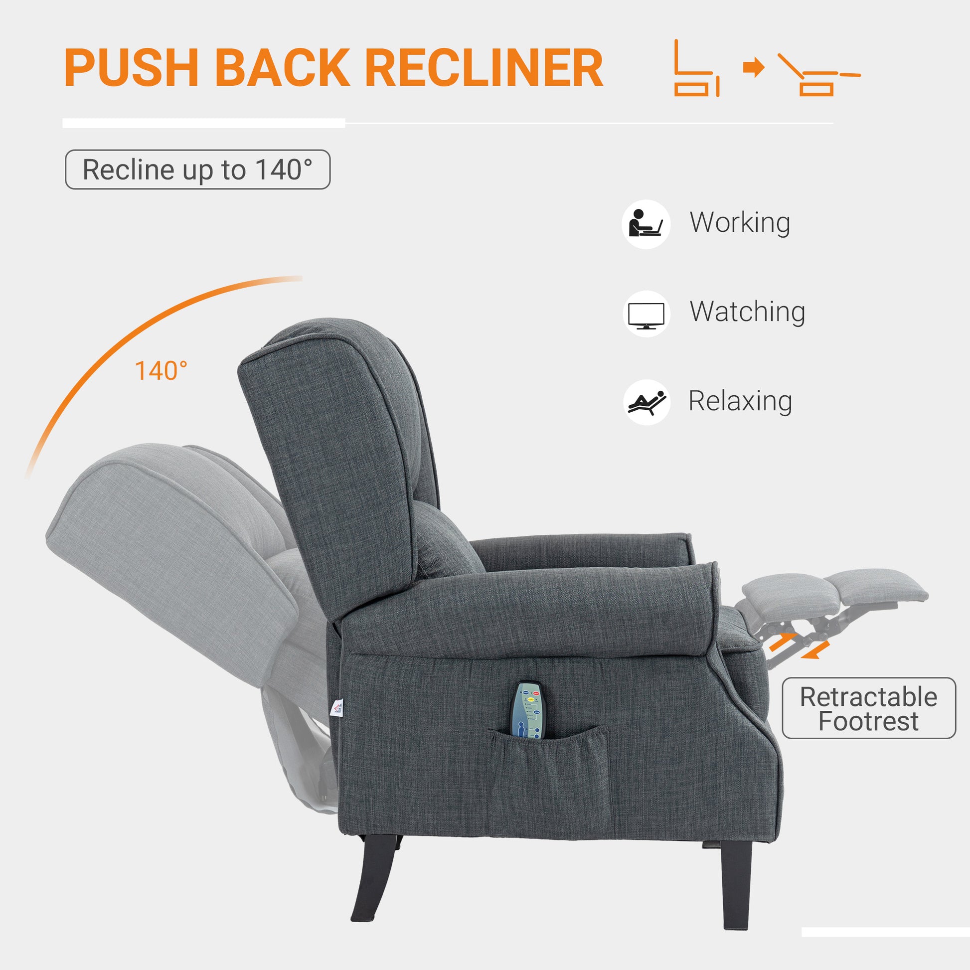 Dark gray push back recliner with retractable footrest adjustable to  degrees