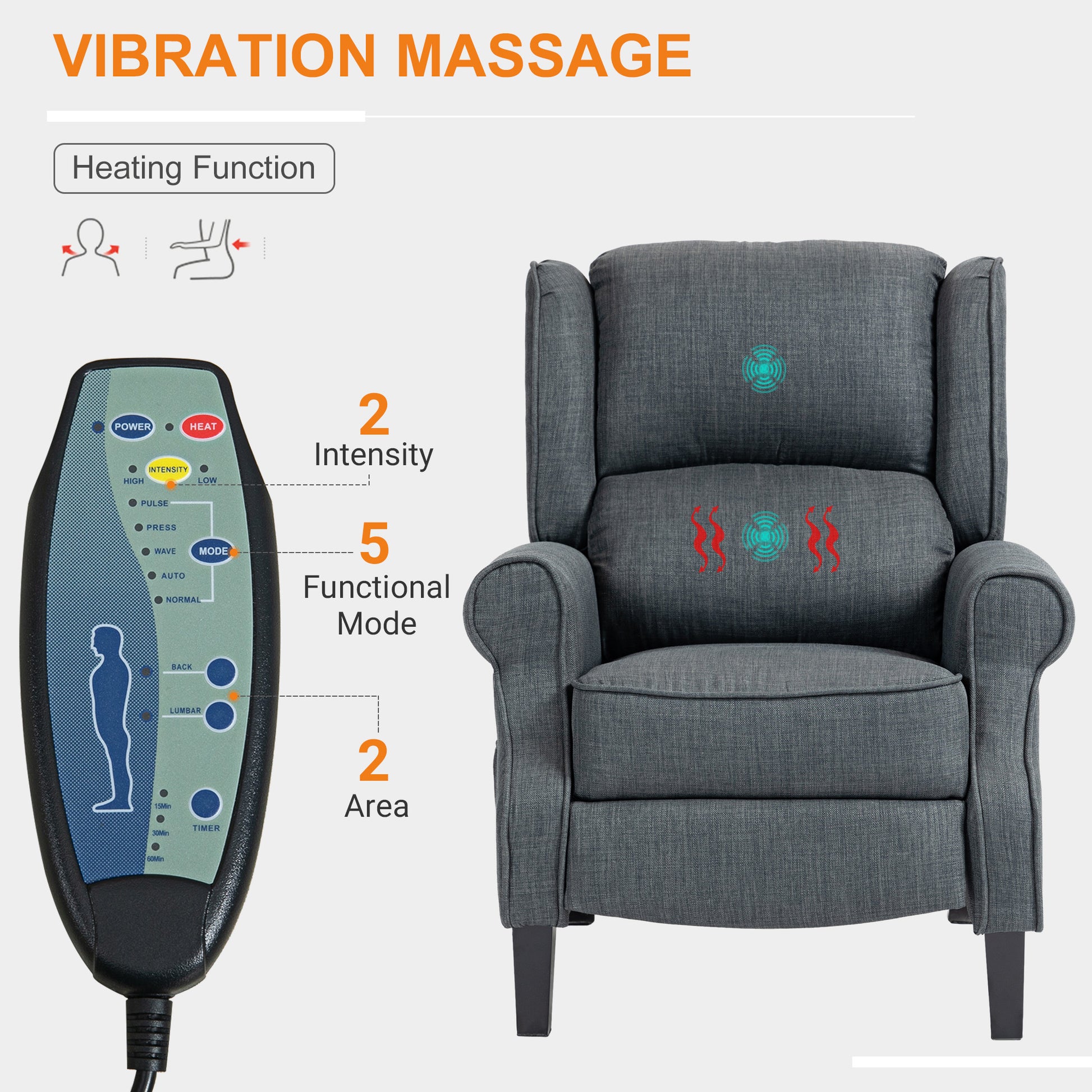 Gray fabric recliner with vibration massage and heating function