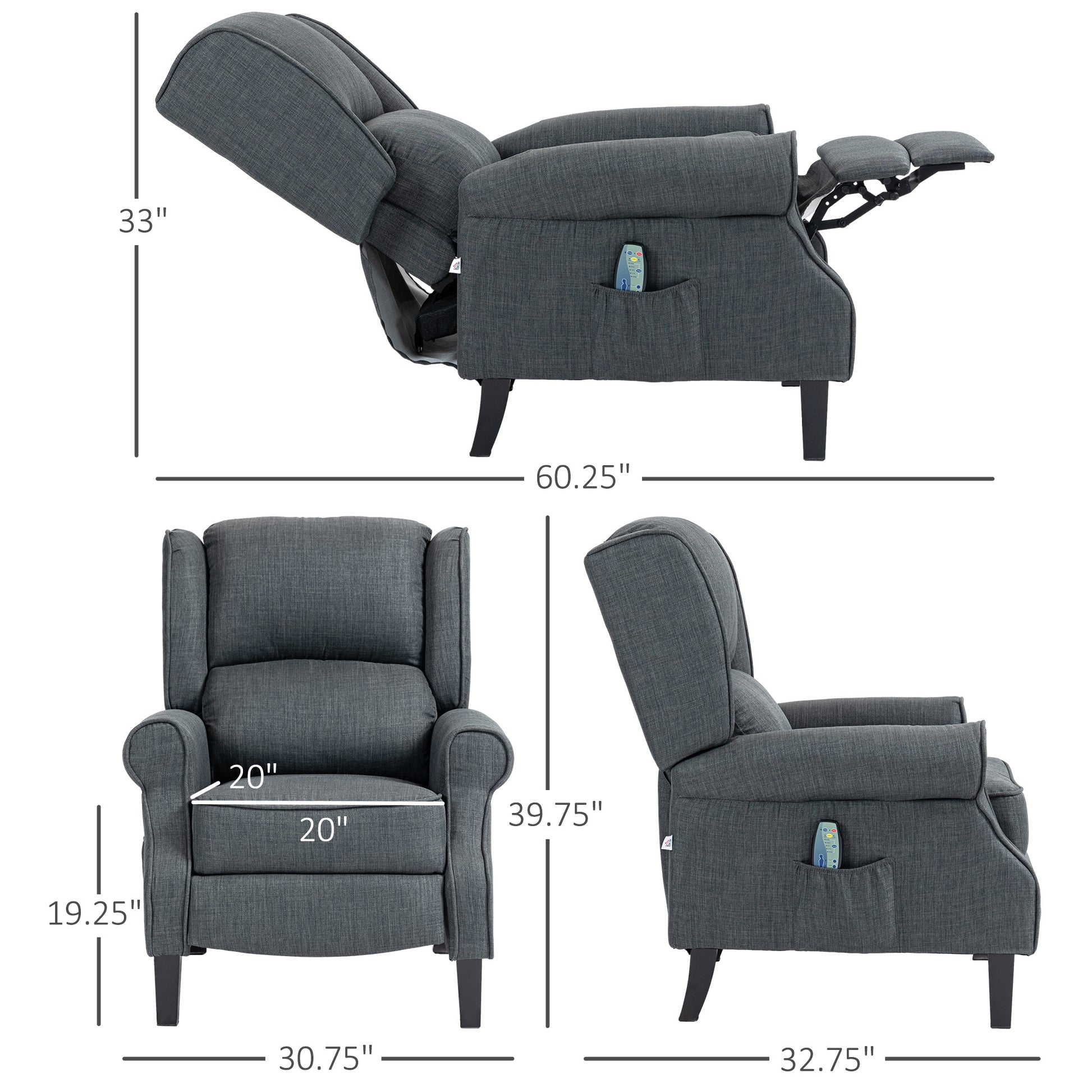 Dark gray fabric recliner chair with heating and massage functions for ultimate comfort