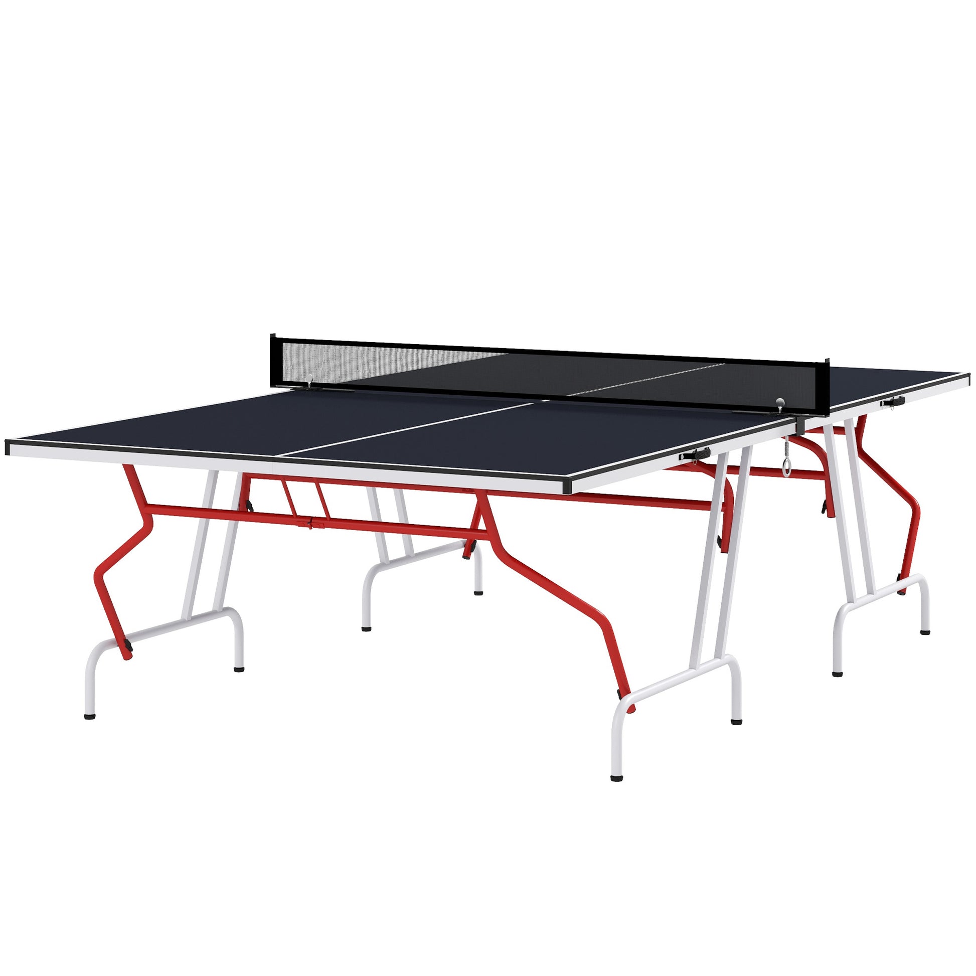 Compact foldable ping pong table with dark blue surface and redwhite metal frame ideal for home use