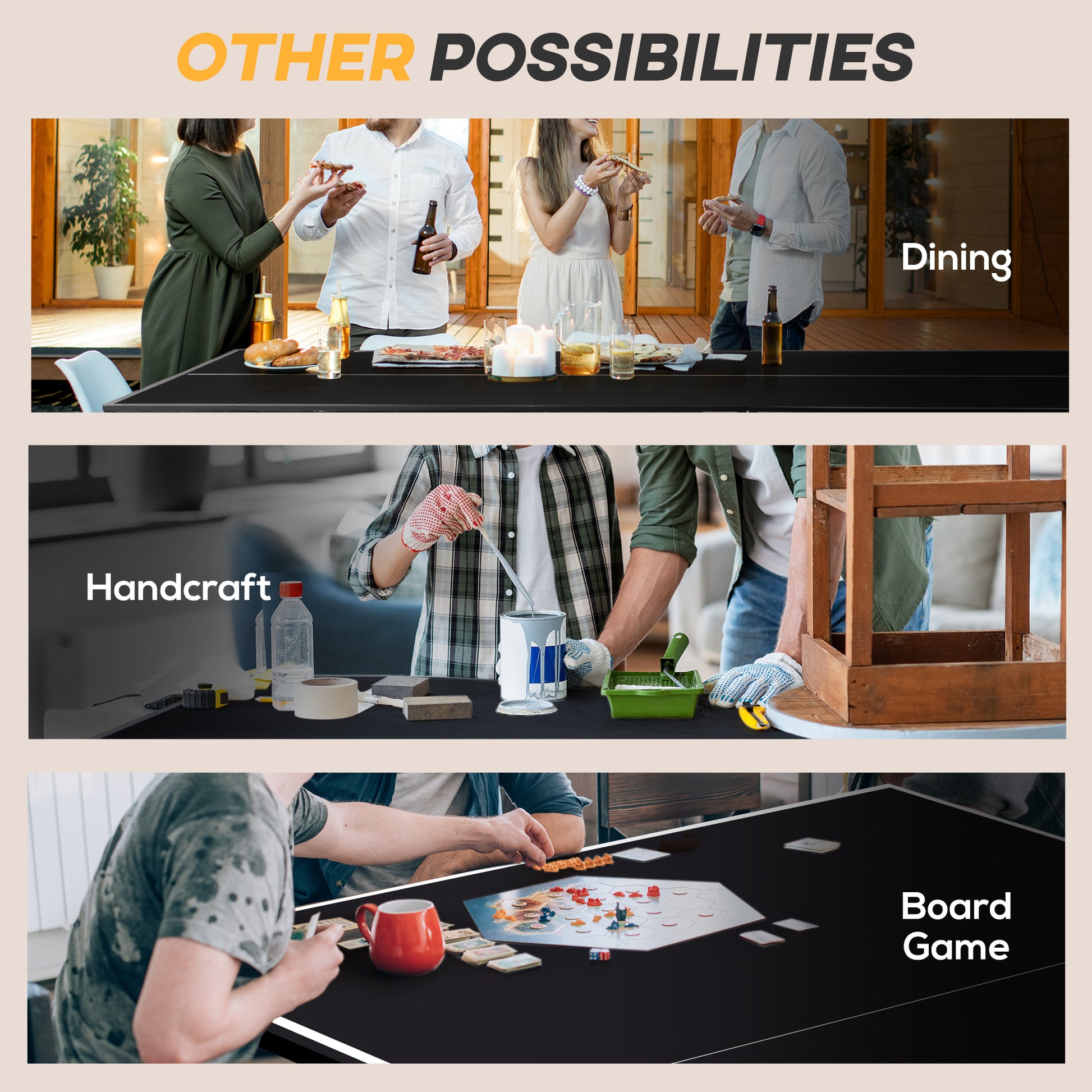 Friends enjoying a dining party with pizza and drinks on a sleek black table