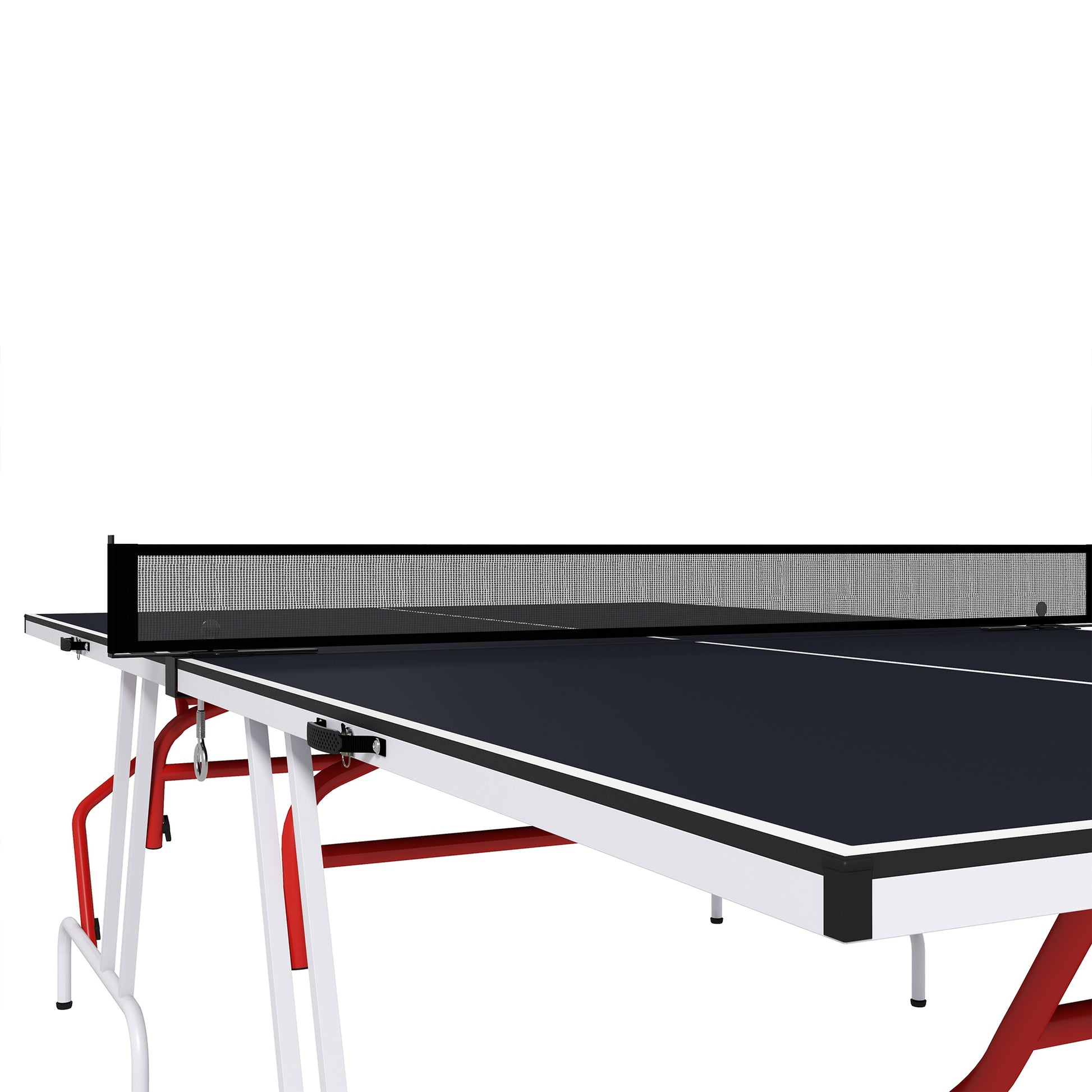 Dark blue ping pong table with white and red frame for indoor play