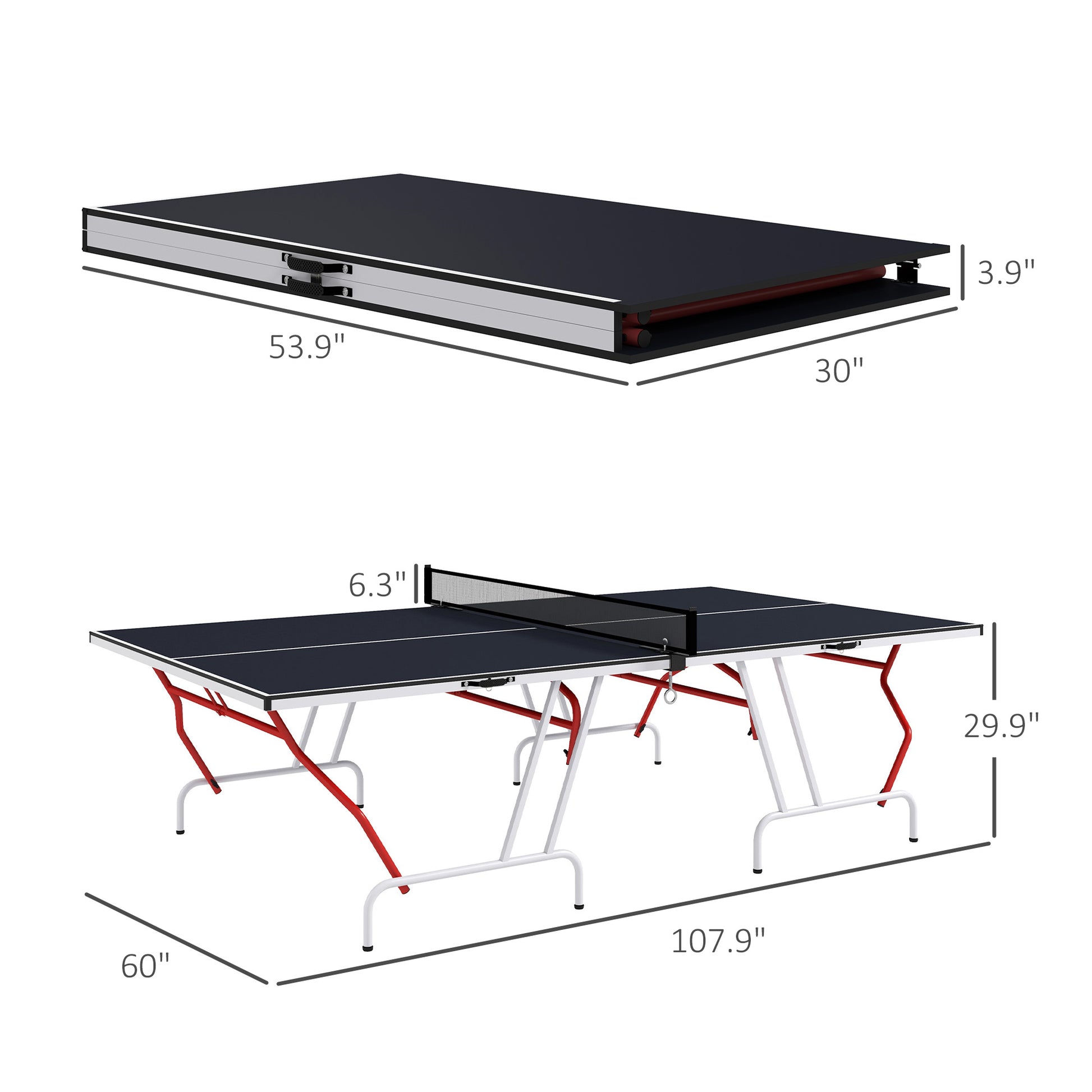 Folded black ping pong table with silver frame and red accents  long