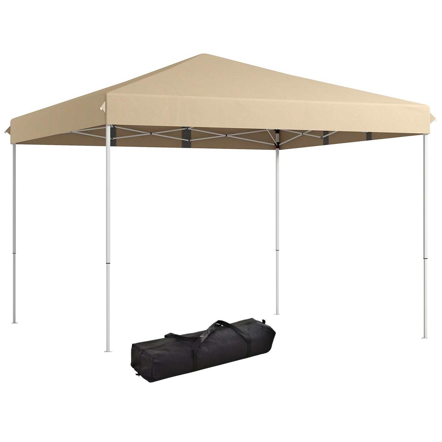 Tan popup canopy with white metal frame and black carrying bag